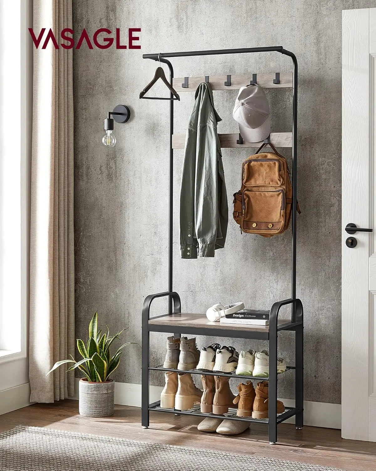 Garderobenständer mit Schuhbank Industrie-Design Greige von Songmics