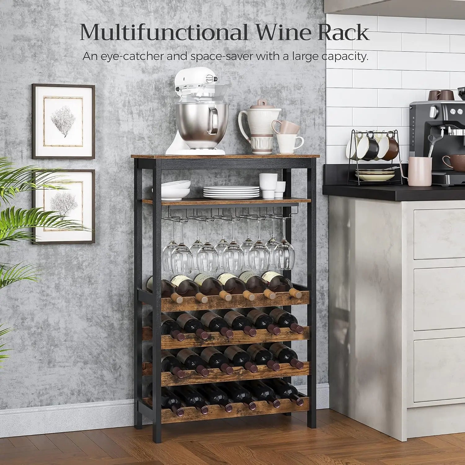 Weinregal freistehend mit Glashaltern vintagebraun-schwarz von Songmics
