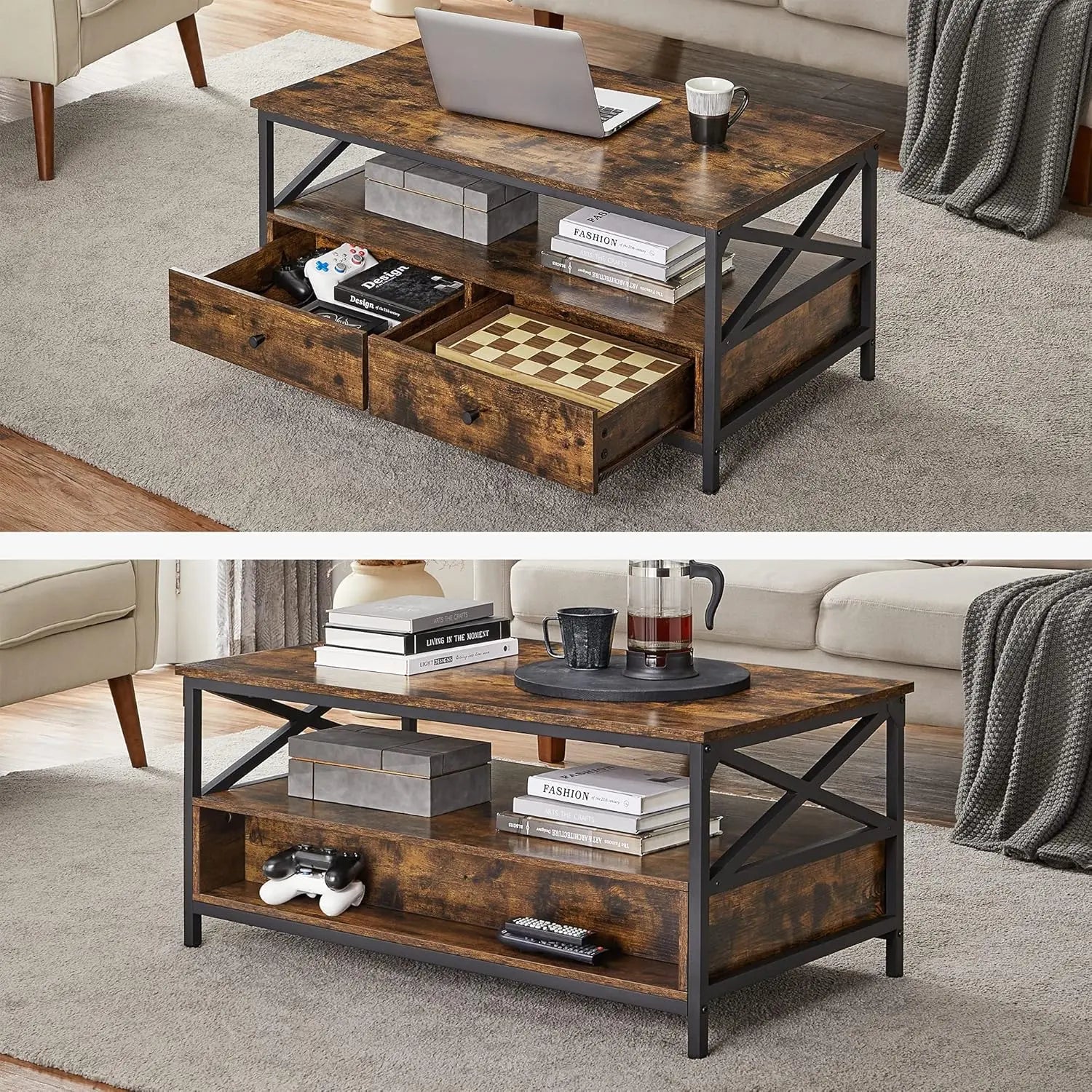 Couchtisch Wohnzimmer Schubladen Industrie Vintagebraun Schwarz von Songmics