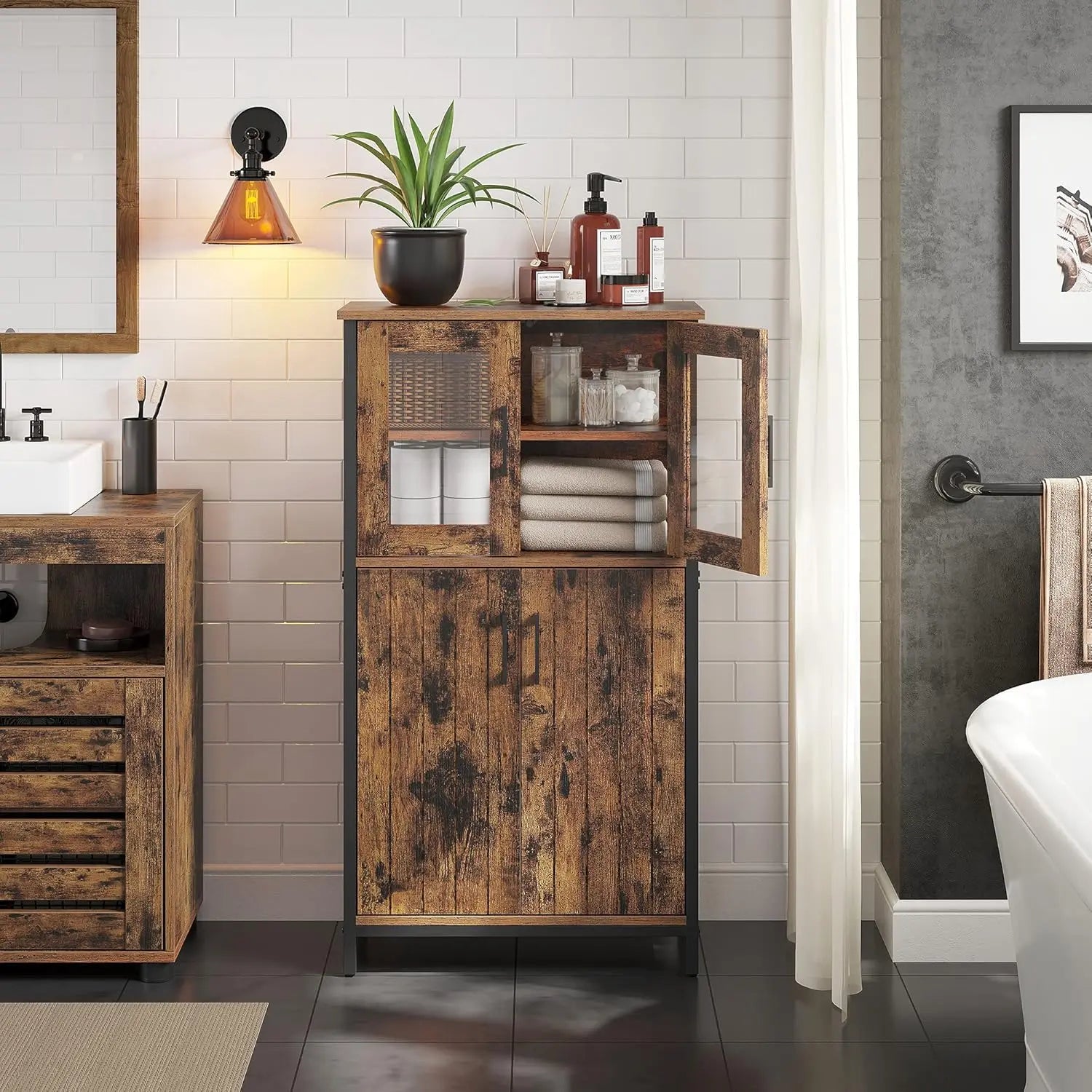 Badezimmerschrank Industriestil mit Stahlgestell Vintagebraun-Schwarz von Songmics