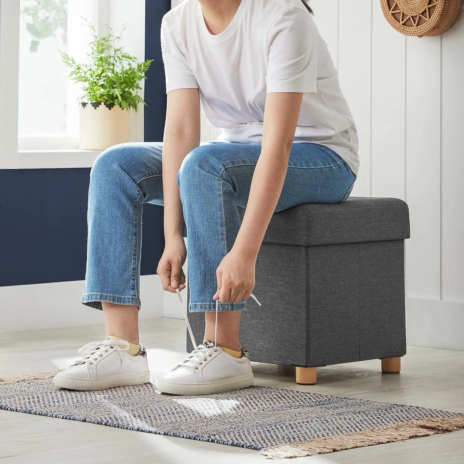 Sitzhocker Aufbewahrungsbox Fussbank schiefergrau von Songmics