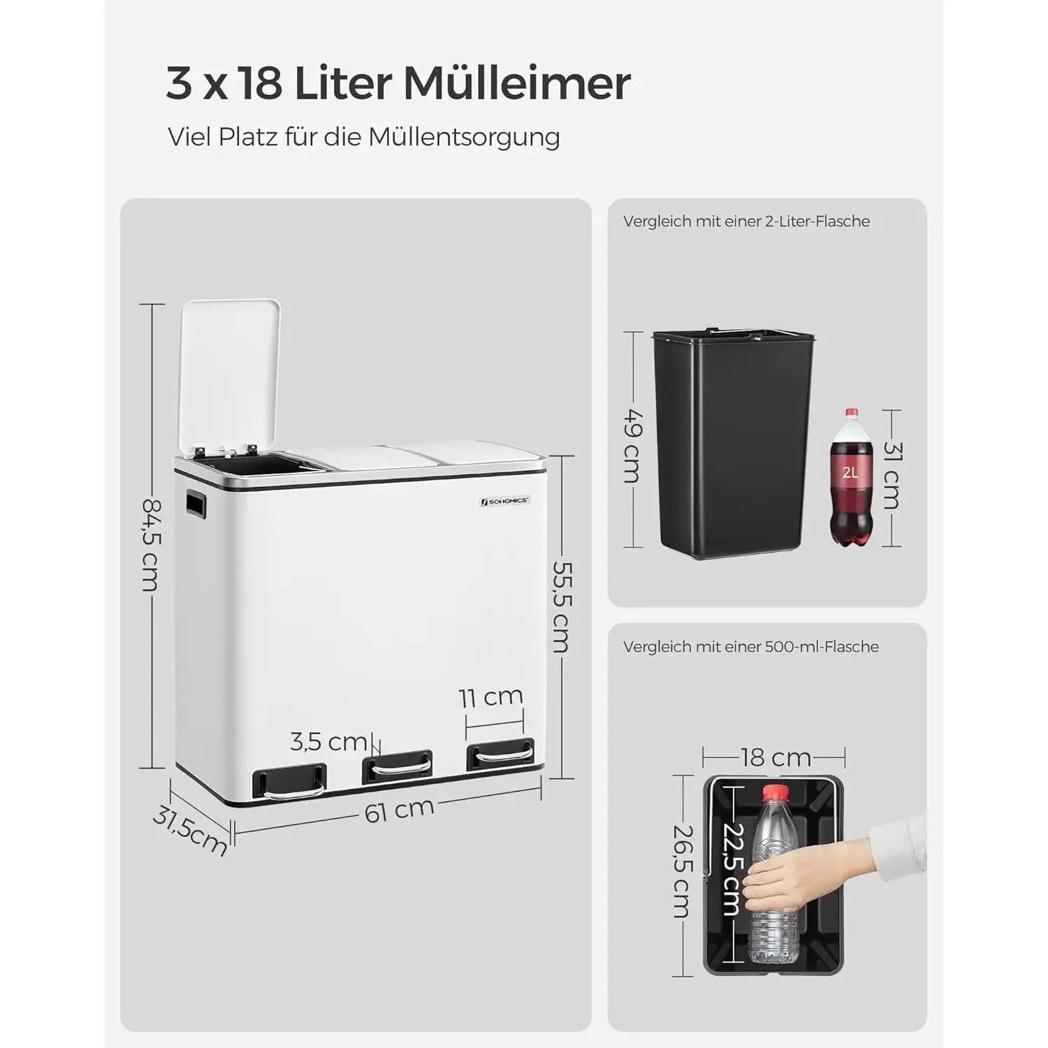 Mülleimer Küche Mülltrennsystem 3 Fächer Wolkenweiss von Songmics