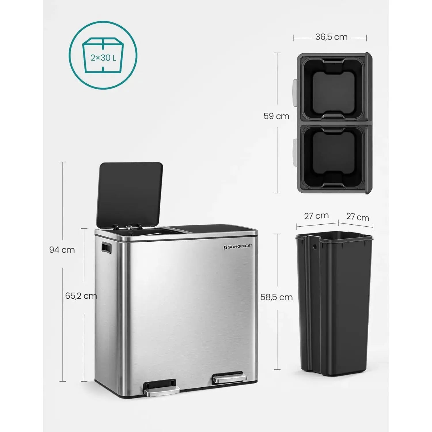 Mülleimer 60L Mülltrennsystem Treteimer Küche Silber von Songmics