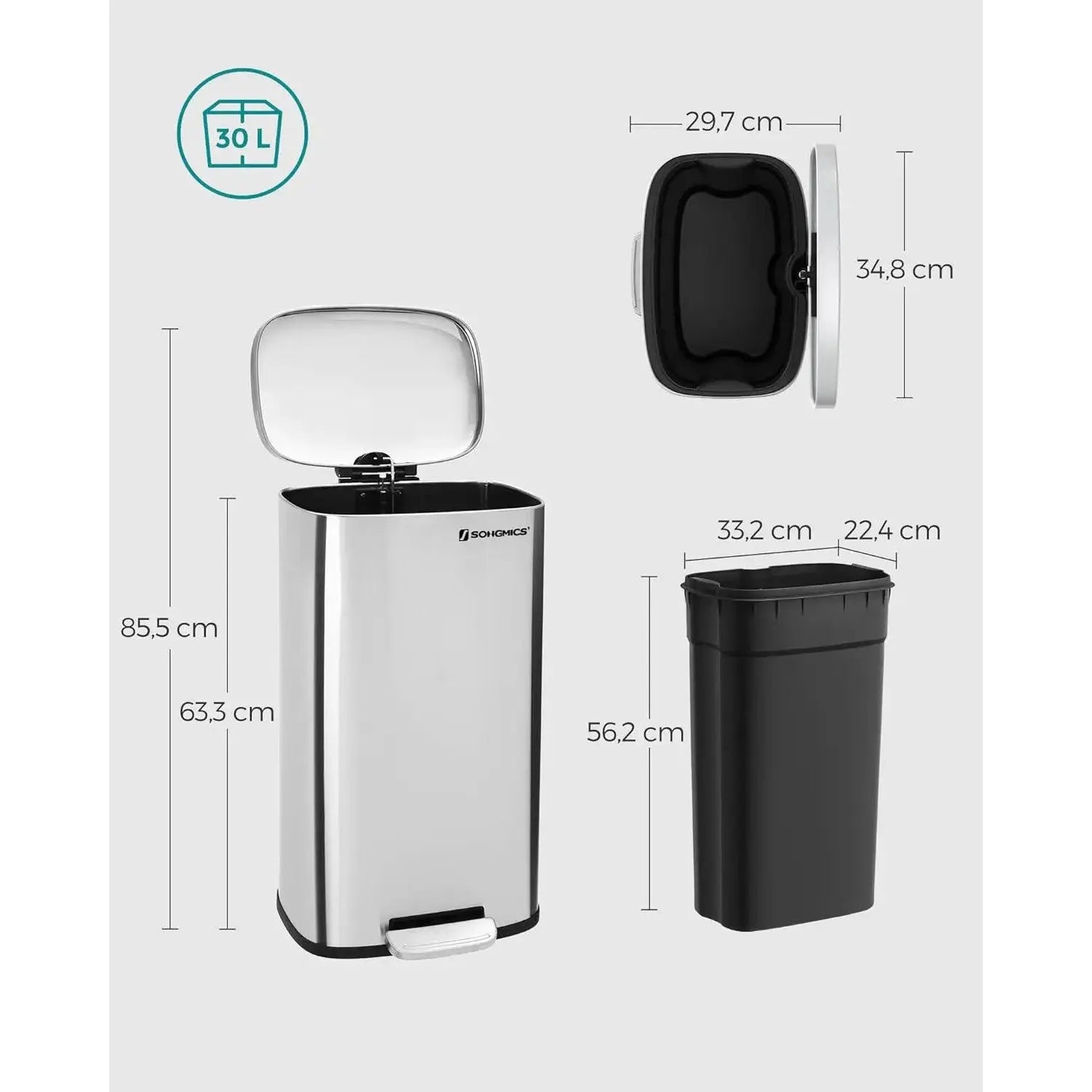 Mülleimer Küche 30L Softclose silbern von Songmics