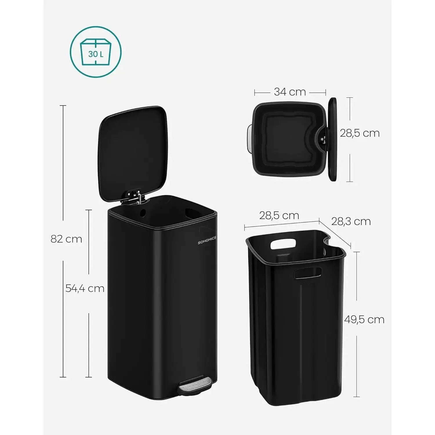 Mülleimer Küche 30L Stahl Tintenschwarz von Songmics