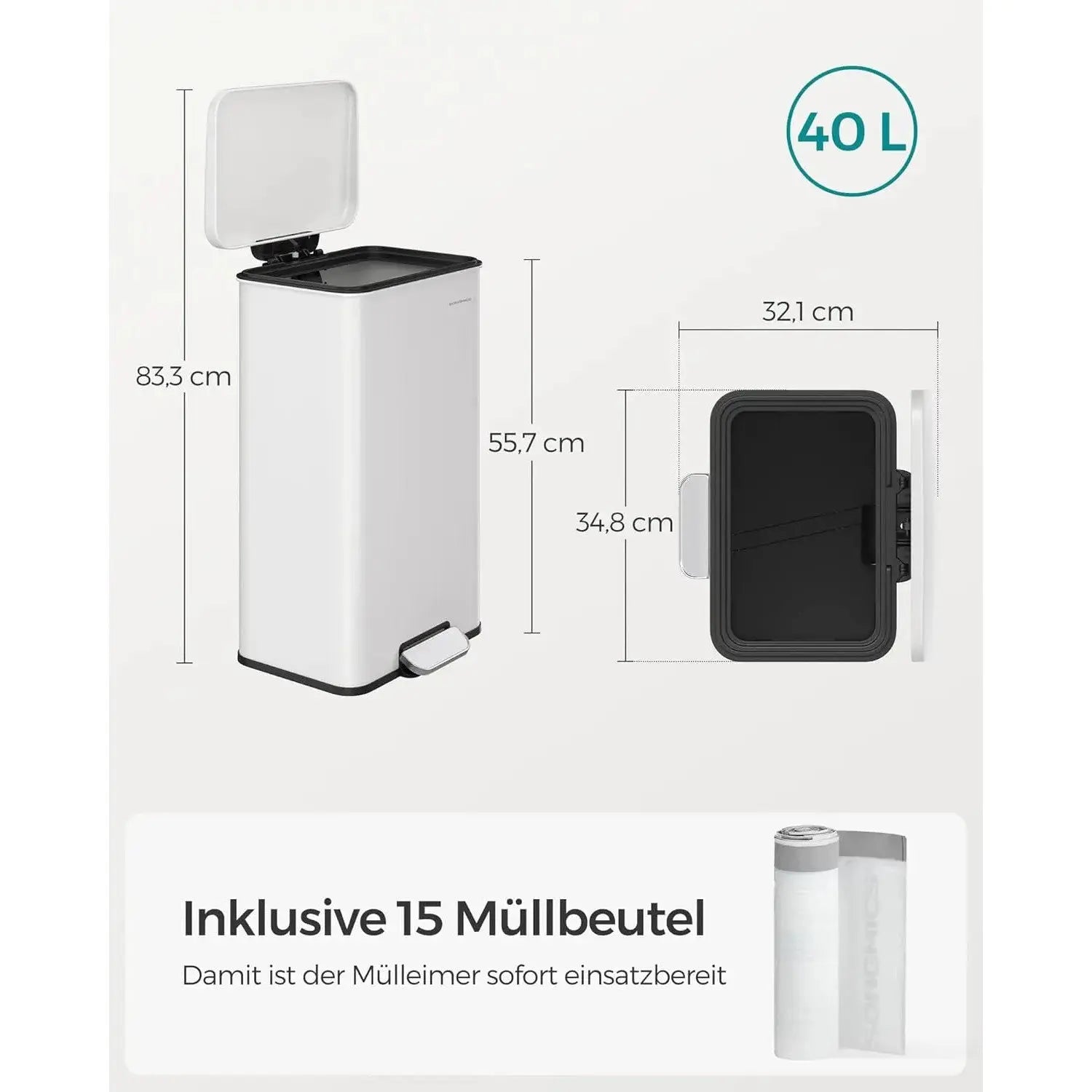 Mülleimer Küche 40L Stahl Weiss inkl. Müllbeutel von Songmics