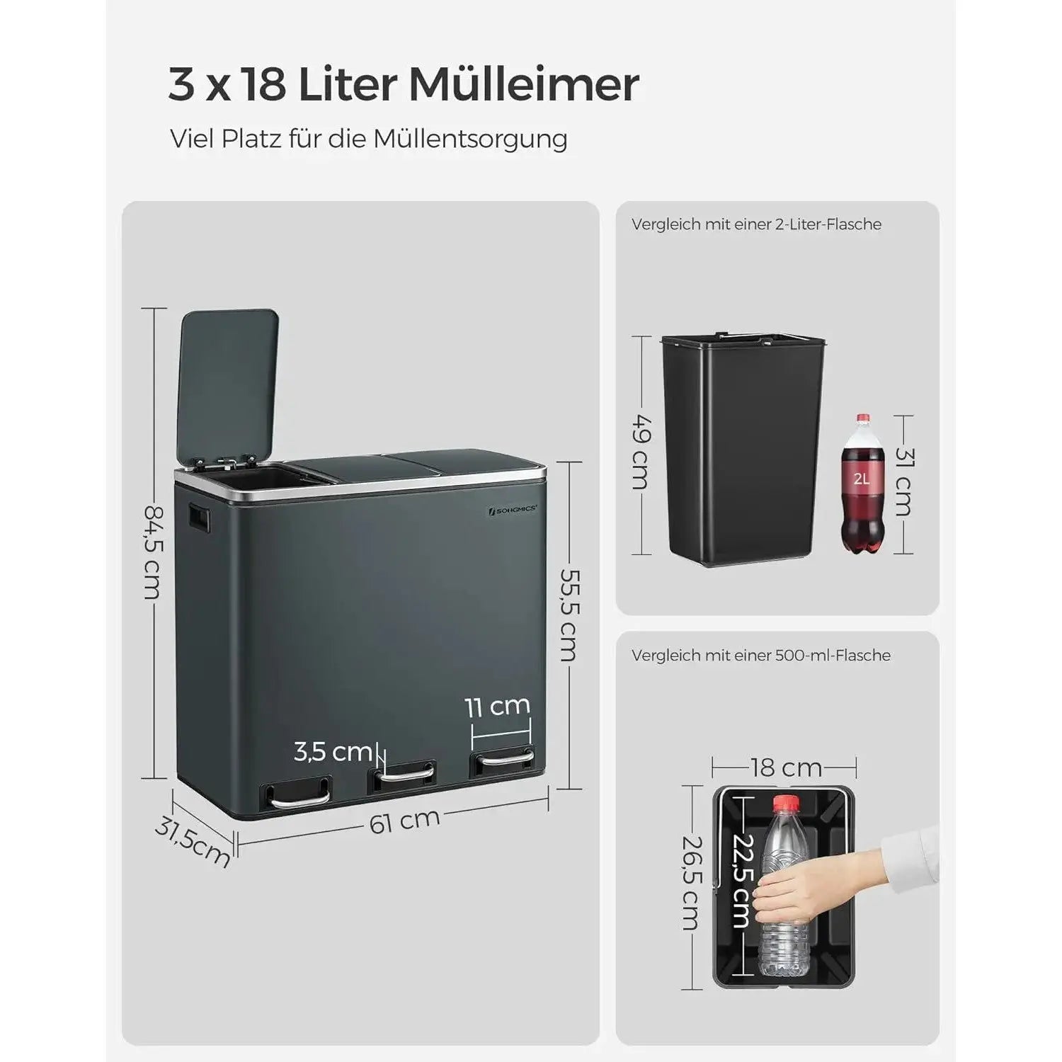 Mülleimer Küche Mülltrennsystem 3 Fächer Grüngrau von Songmics