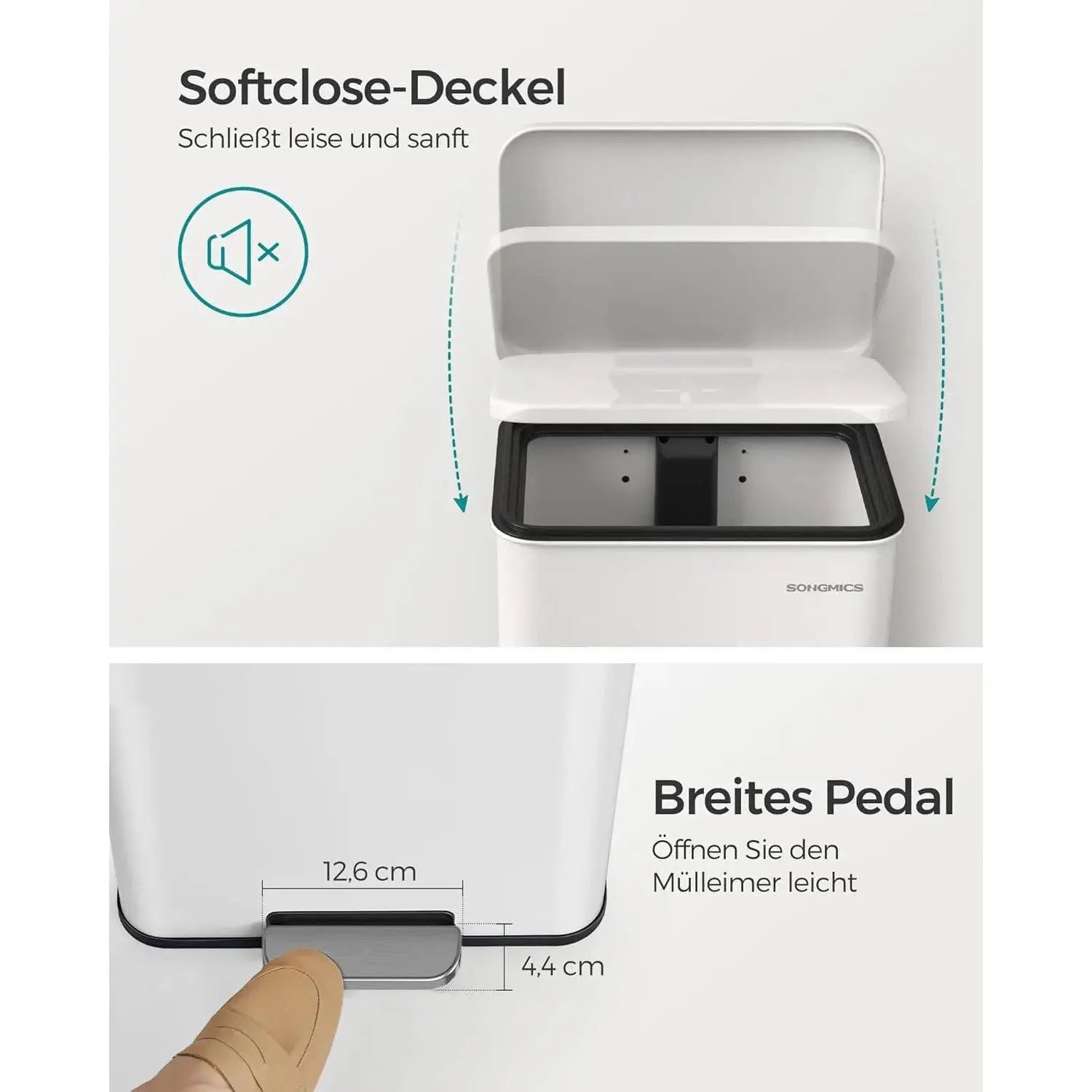 Mülleimer Küche 40L Stahl Weiss inkl. Müllbeutel von Songmics