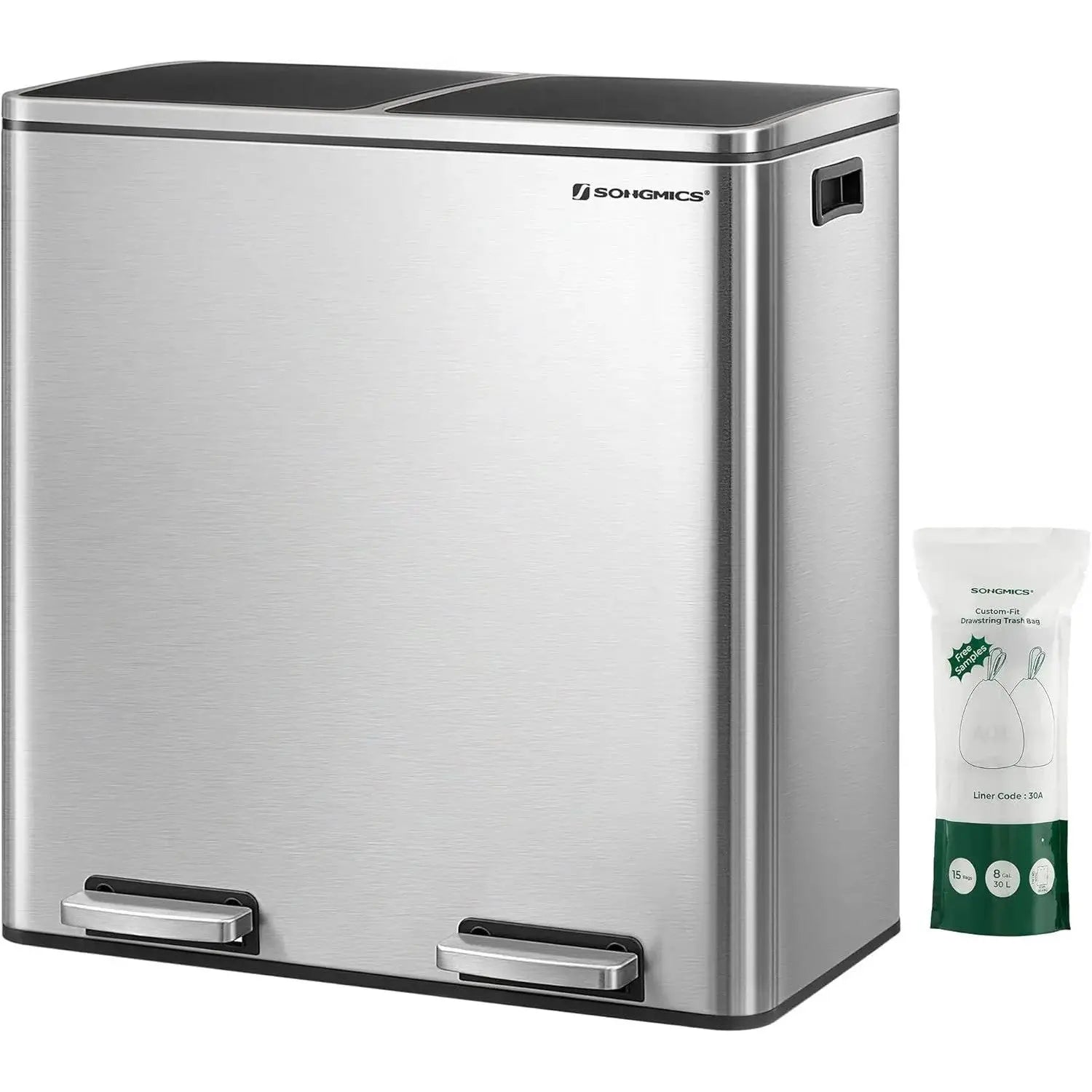 Mülleimer 60L Mülltrennsystem Treteimer Küche Silber von Songmics