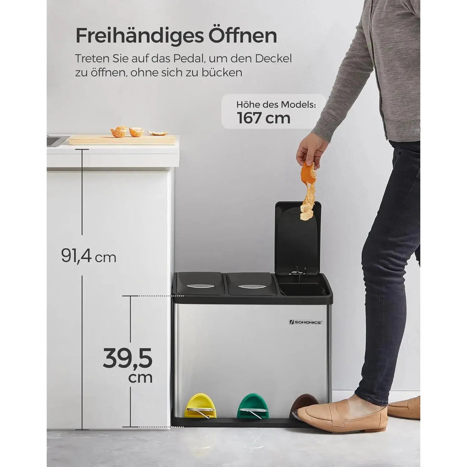 Mülleimer Küche 24L Mülltrennsystem 3 Fächer silbern-schwarz inkl. Müllsäcke von Songmics