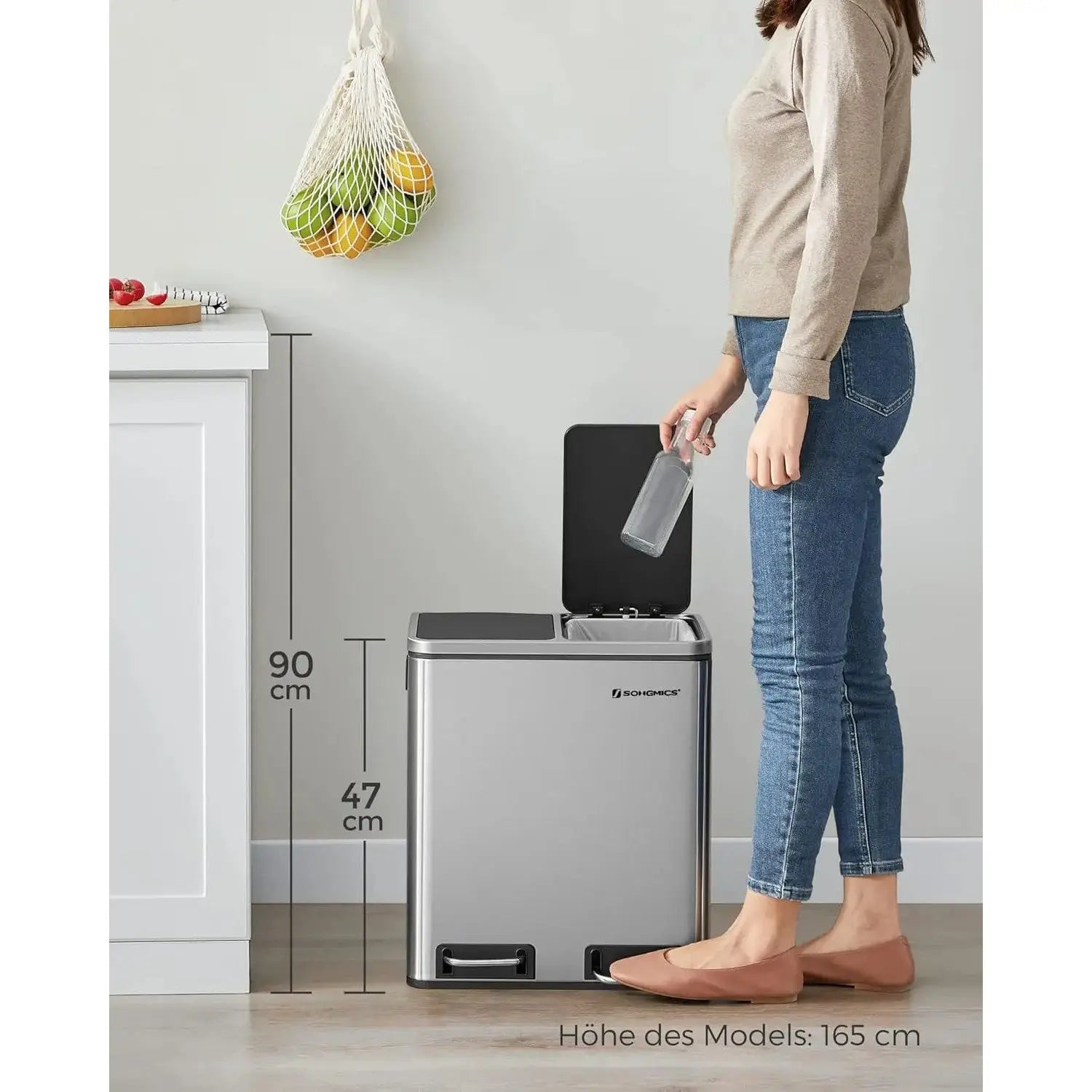 Mülleimer Küche Mülltrennsystem Softclose Metallicsilber von Songmics
