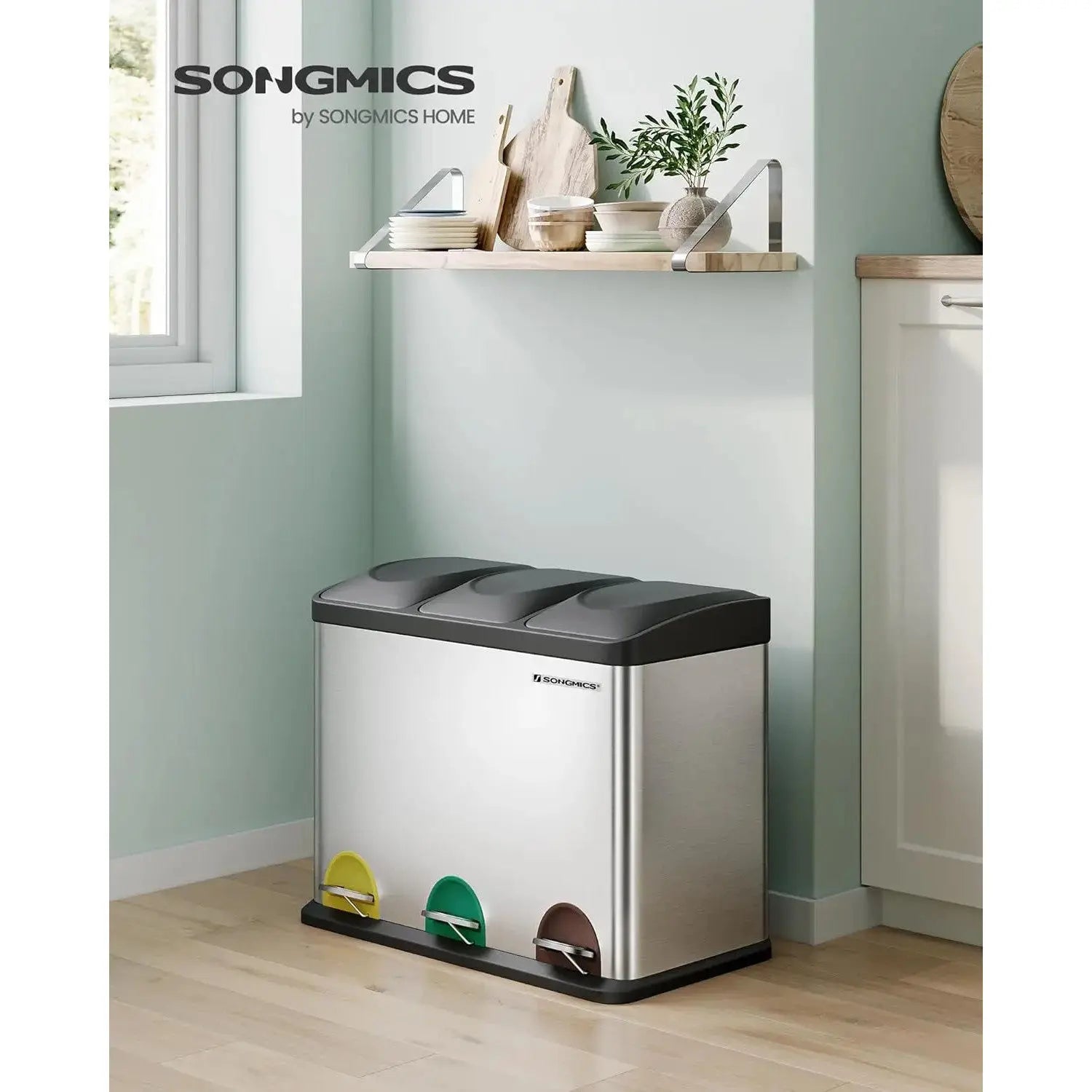 Mülleimer Küche 3-Fächer Treteimer Silber-Schwarz von Songmics