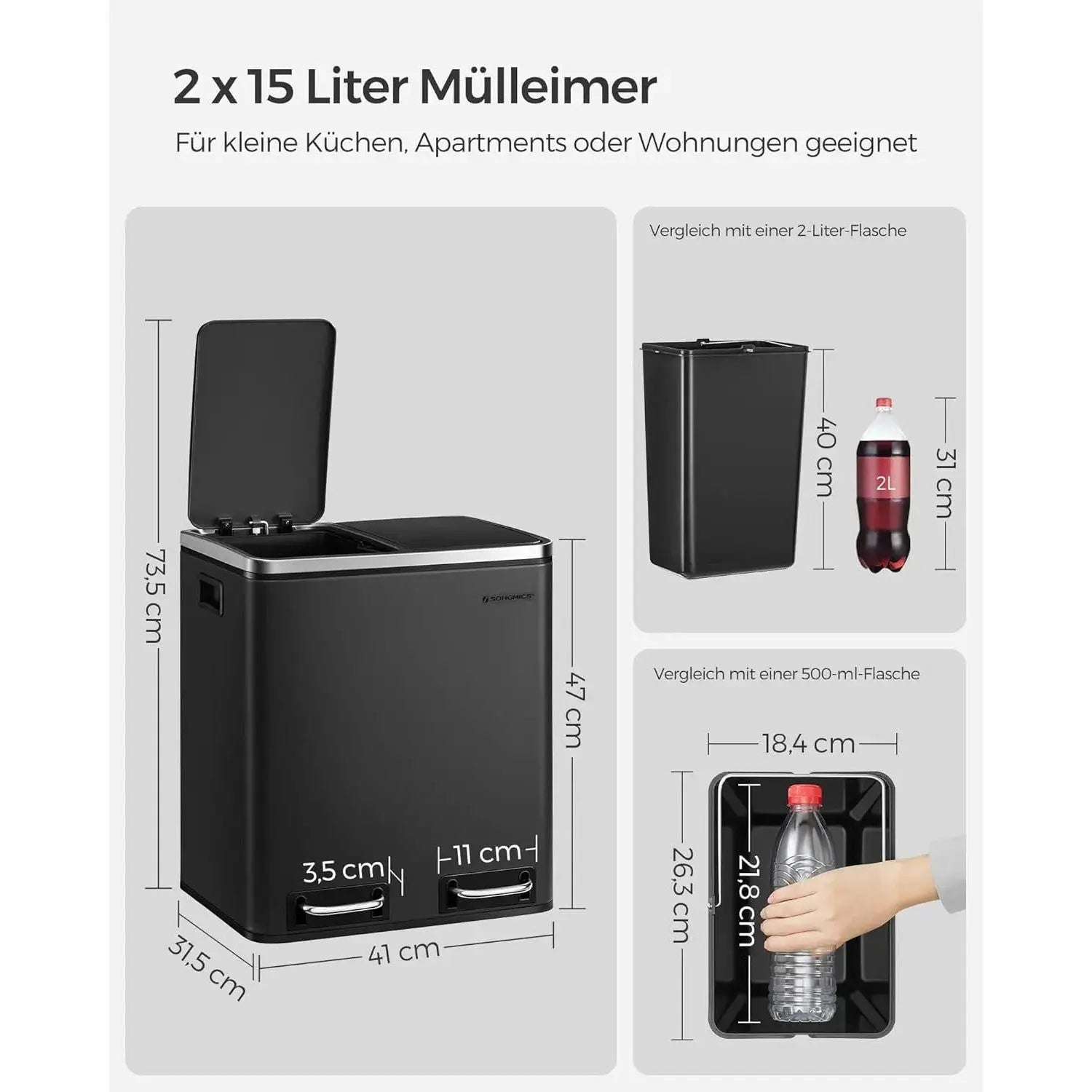 Mülleimer Küche Mülltrennsystem Softclose Tintenschwarz von Songmics