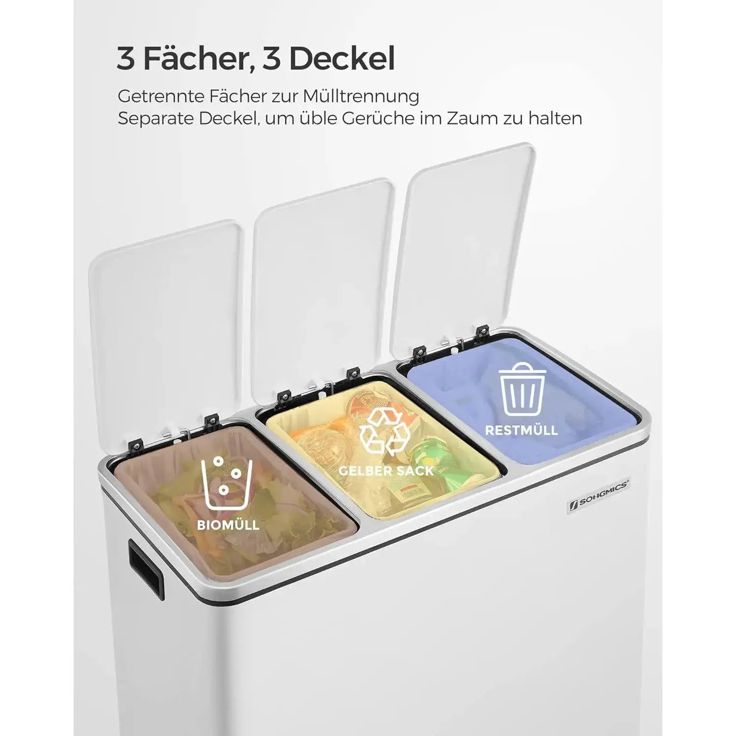 Mülleimer Küche Mülltrennsystem 3 Fächer Wolkenweiss von Songmics