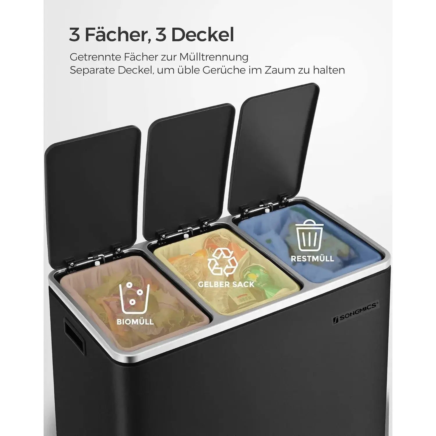 Mülleimer Küche Mülltrennsystem 3 Fächer Schwarz von Songmics