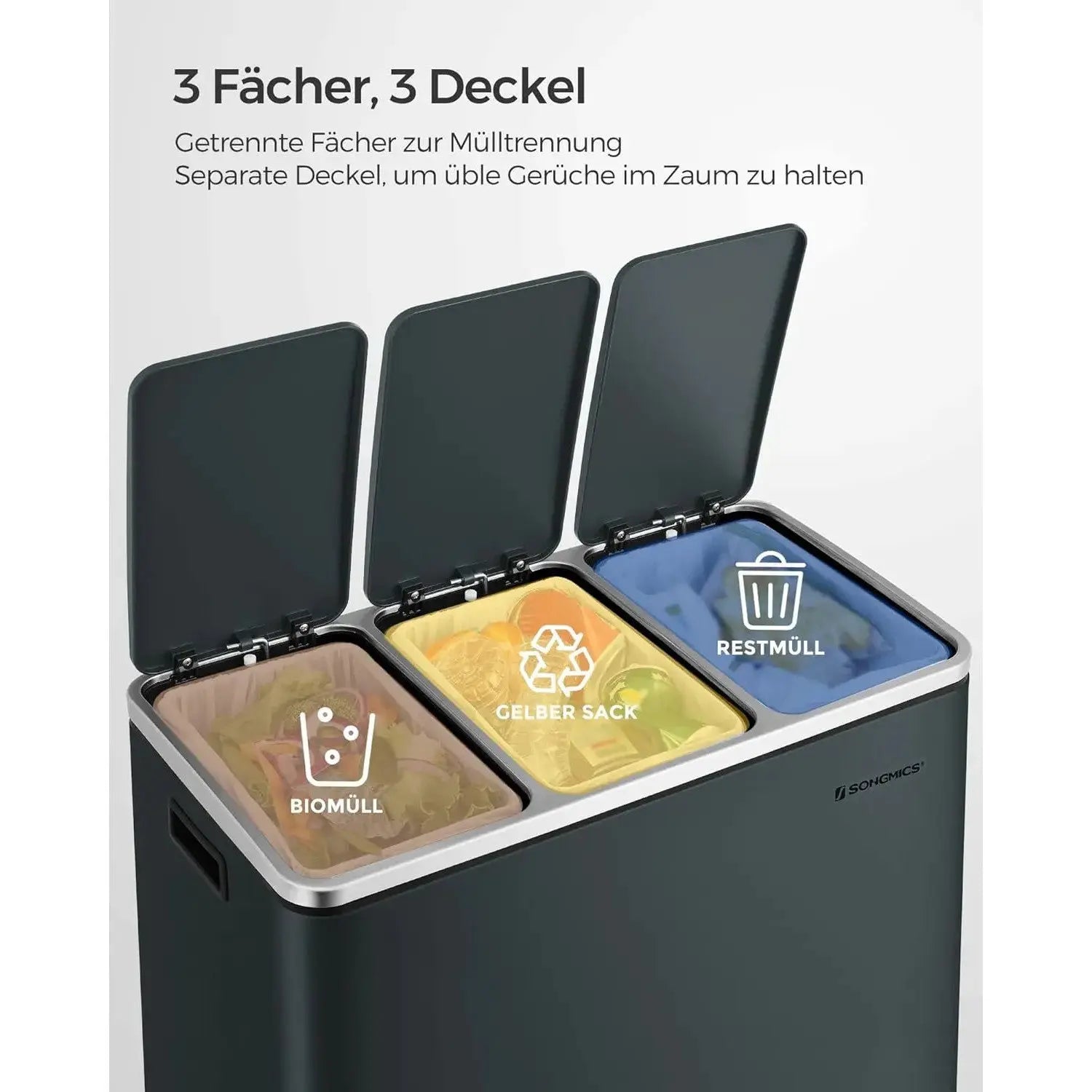 Mülleimer Küche Mülltrennsystem 3 Fächer Grüngrau von Songmics