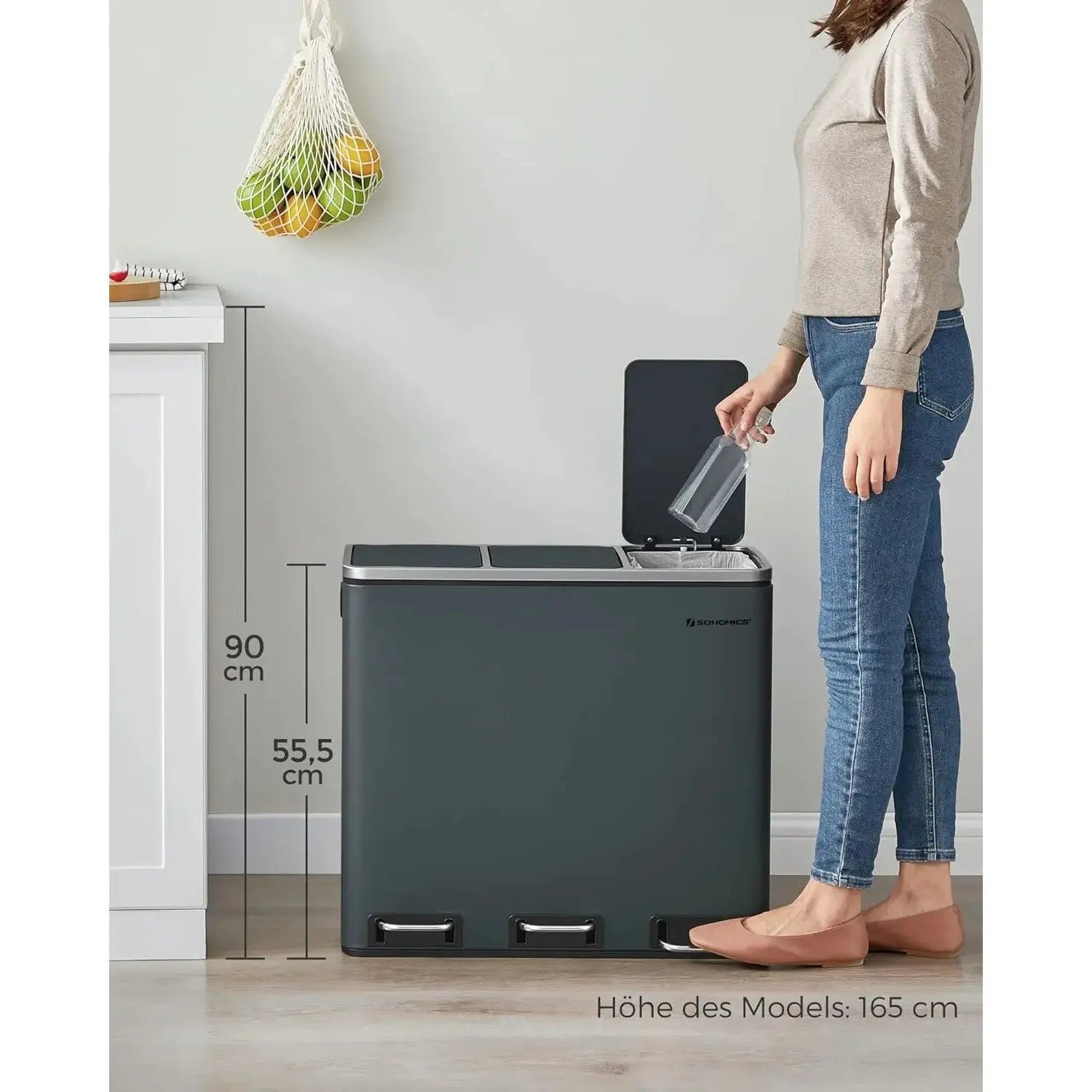 Mülleimer Küche Mülltrennsystem 3 Fächer Grüngrau von Songmics