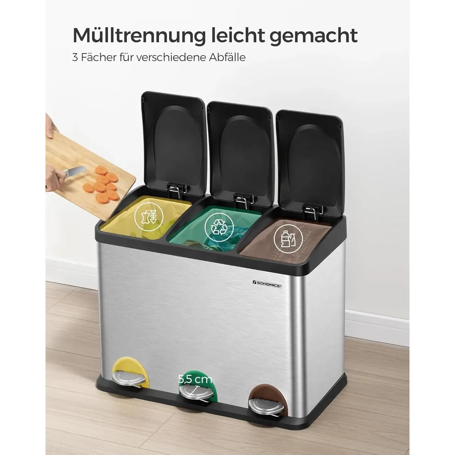 Mülleimer Küche 3-Fächer Treteimer Silber-Schwarz von Songmics