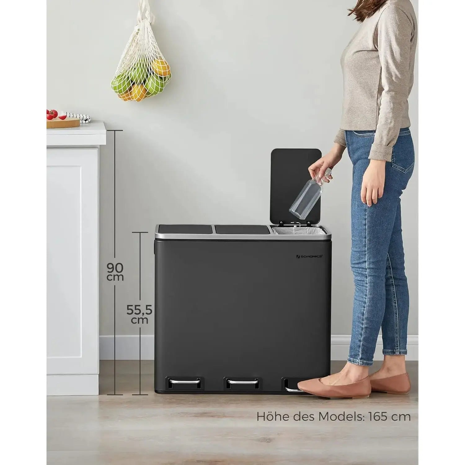 Mülleimer Küche Mülltrennsystem 3 Fächer Schwarz von Songmics