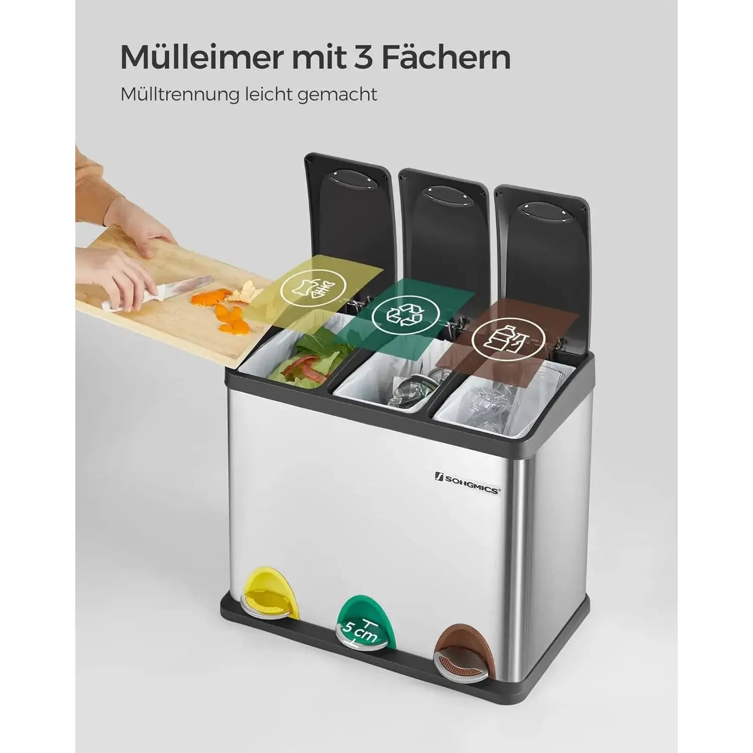 Mülleimer Küche 24L Mülltrennsystem 3 Fächer silbern-schwarz inkl. Müllsäcke von Songmics