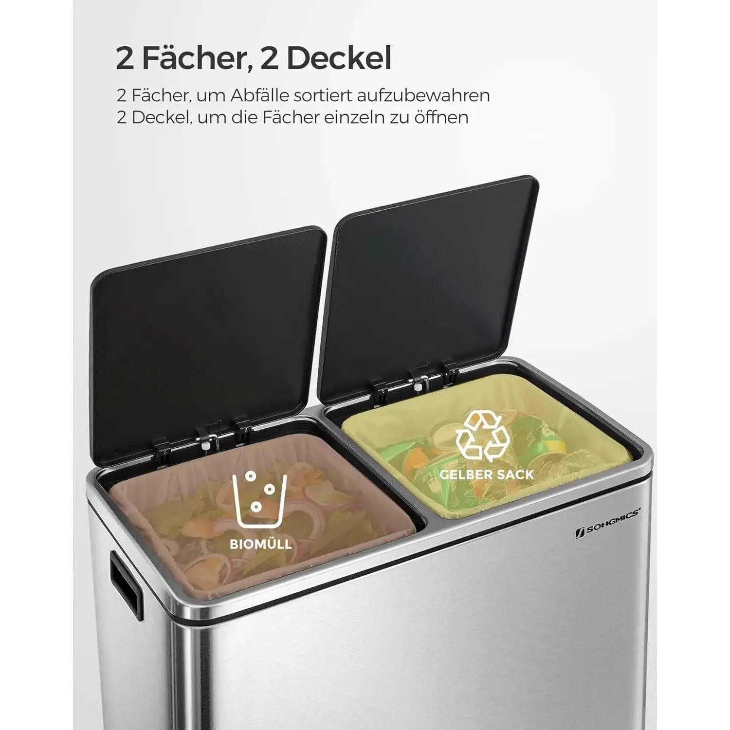 Mülleimer 60L Mülltrennsystem Treteimer Küche Silber von Songmics