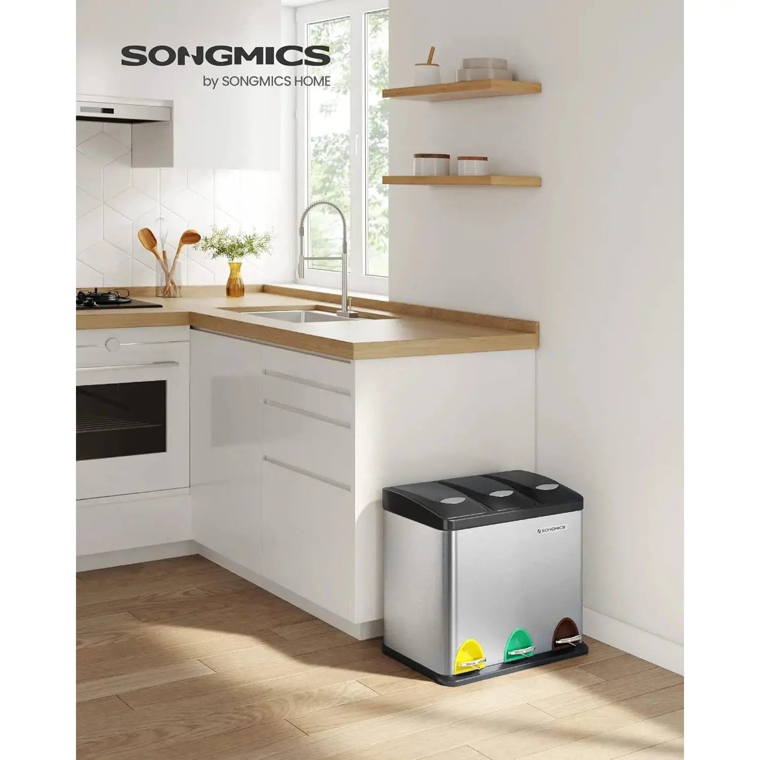 Mülleimer Küche 24L Mülltrennsystem 3 Fächer silbern-schwarz inkl. Müllsäcke von Songmics