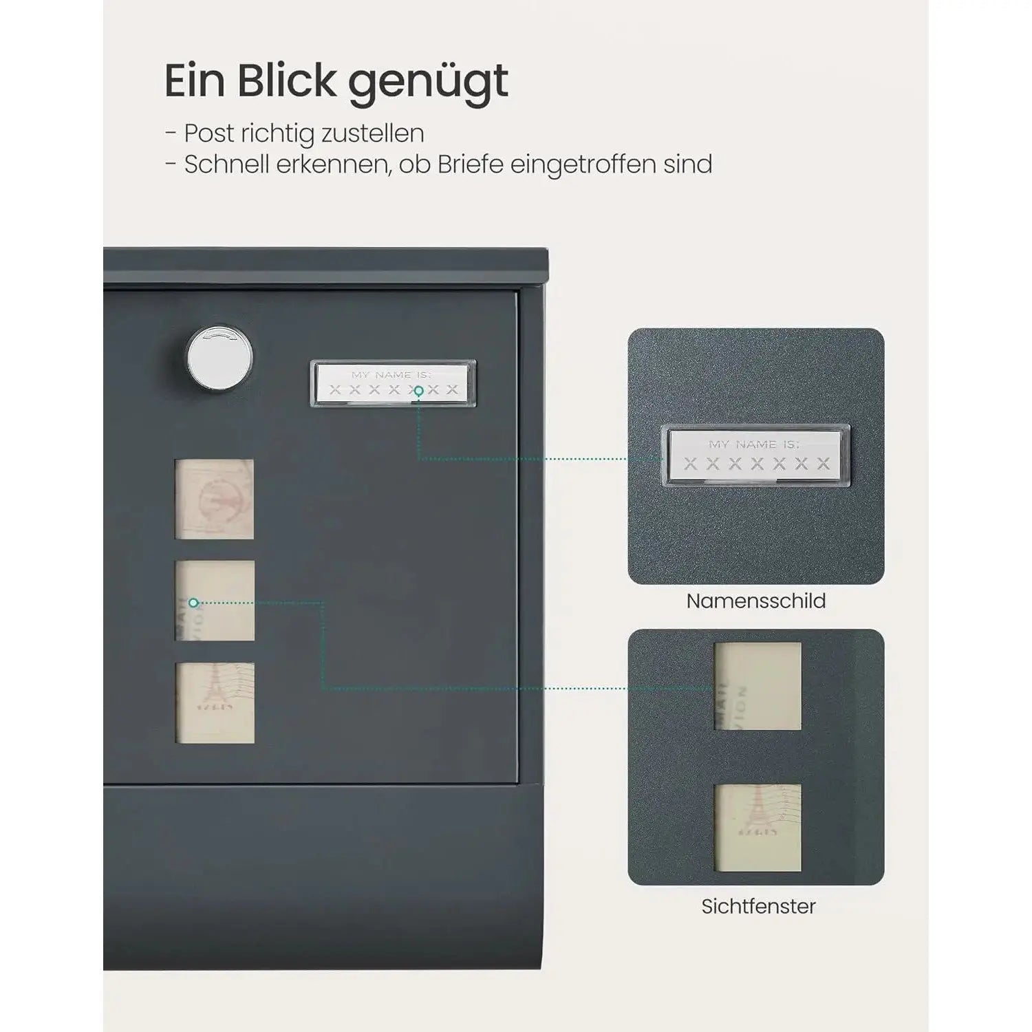 Wandbriefkasten Schloss Sichtfenster Zeitungsfach Anthrazitgrau von Songmics