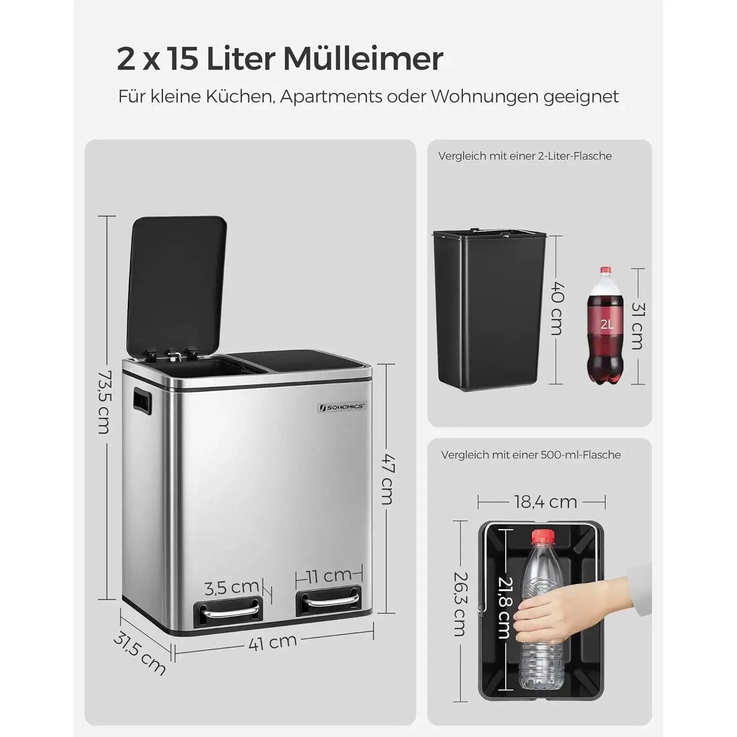 Mülleimer Küche Mülltrennsystem Softclose Metallicsilber von Songmics