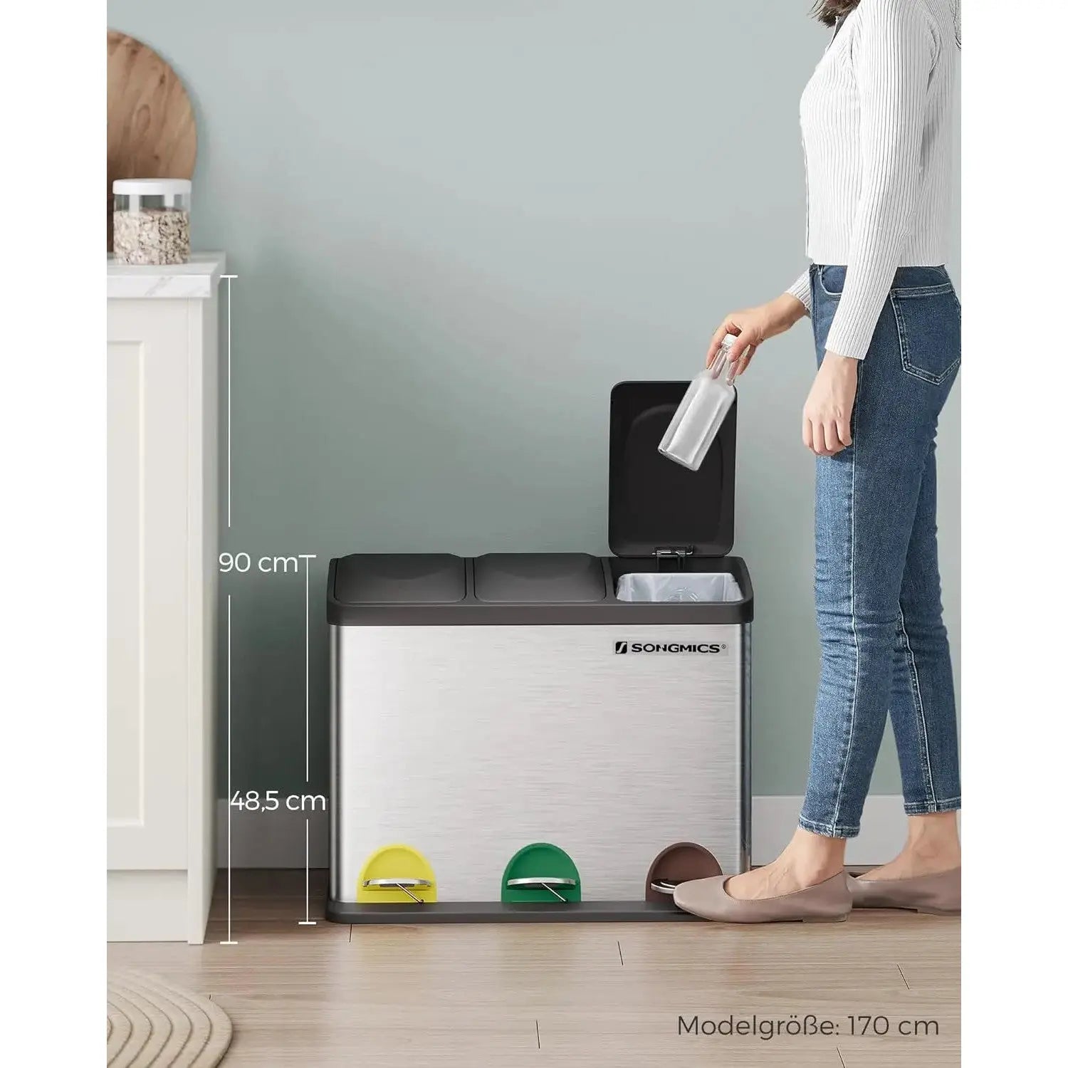 Mülleimer Küche 3-Fächer Treteimer Silber-Schwarz von Songmics
