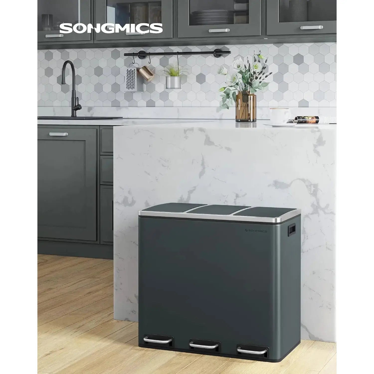 Mülleimer Küche Mülltrennsystem 3 Fächer Grüngrau von Songmics