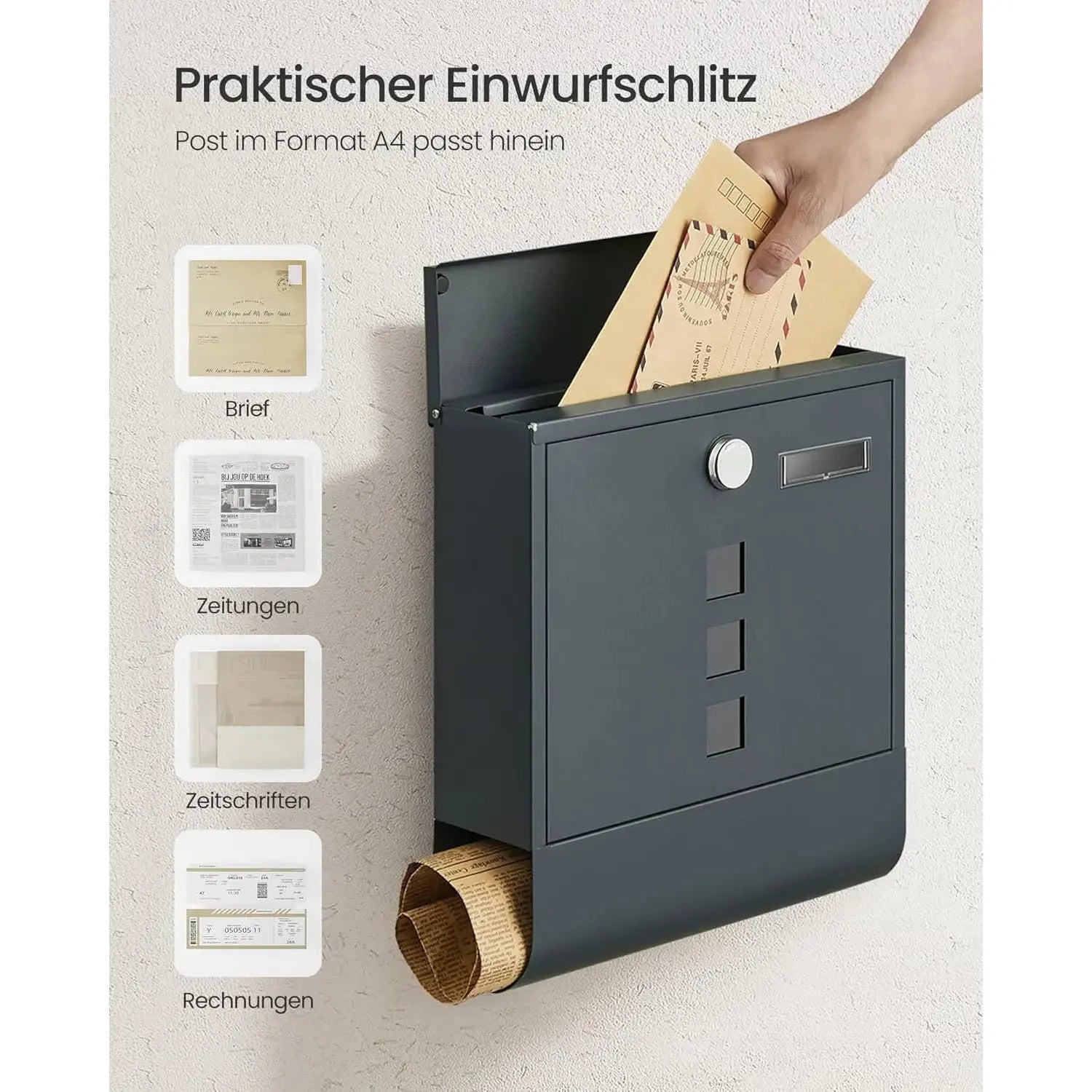 Wandbriefkasten Schloss Sichtfenster Zeitungsfach Anthrazitgrau von Songmics