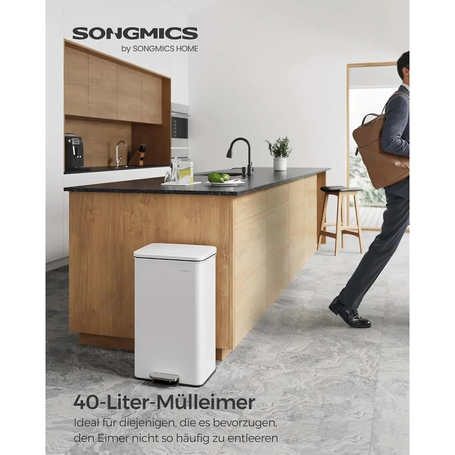 Mülleimer Küche 40L Stahl Weiss inkl. Müllbeutel von Songmics