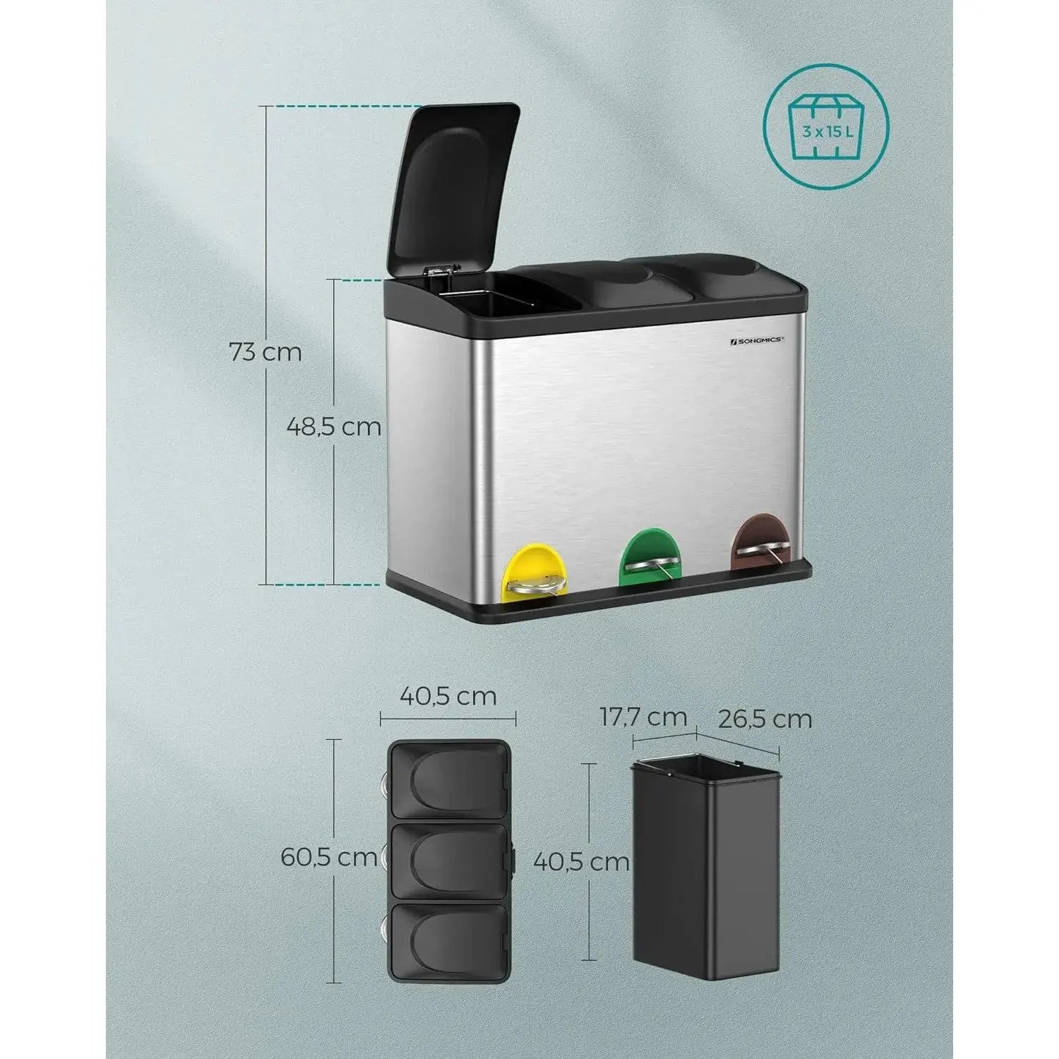 Mülleimer Küche 3-Fächer Treteimer Silber-Schwarz von Songmics