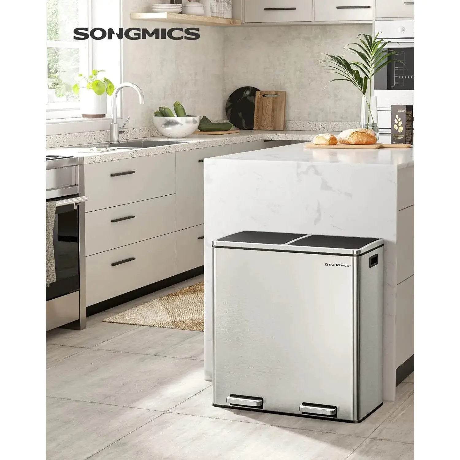 Mülleimer 60L Mülltrennsystem Treteimer Küche Silber von Songmics