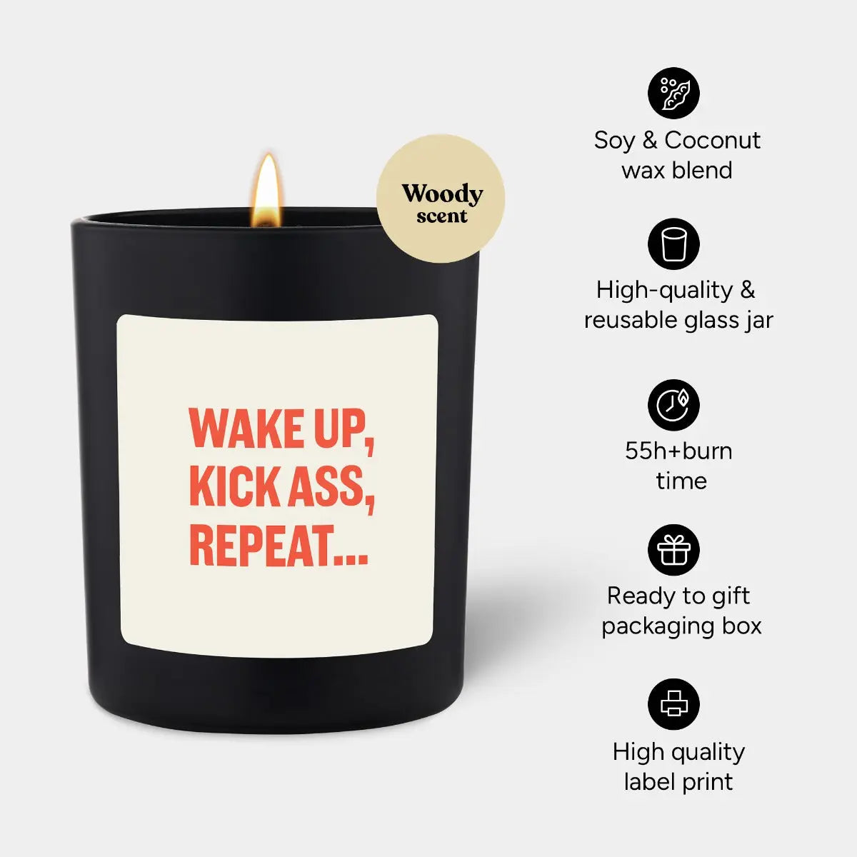 Duftkerze Schwarz Woody Wake up, kick ass, repeat von ChattyCandles