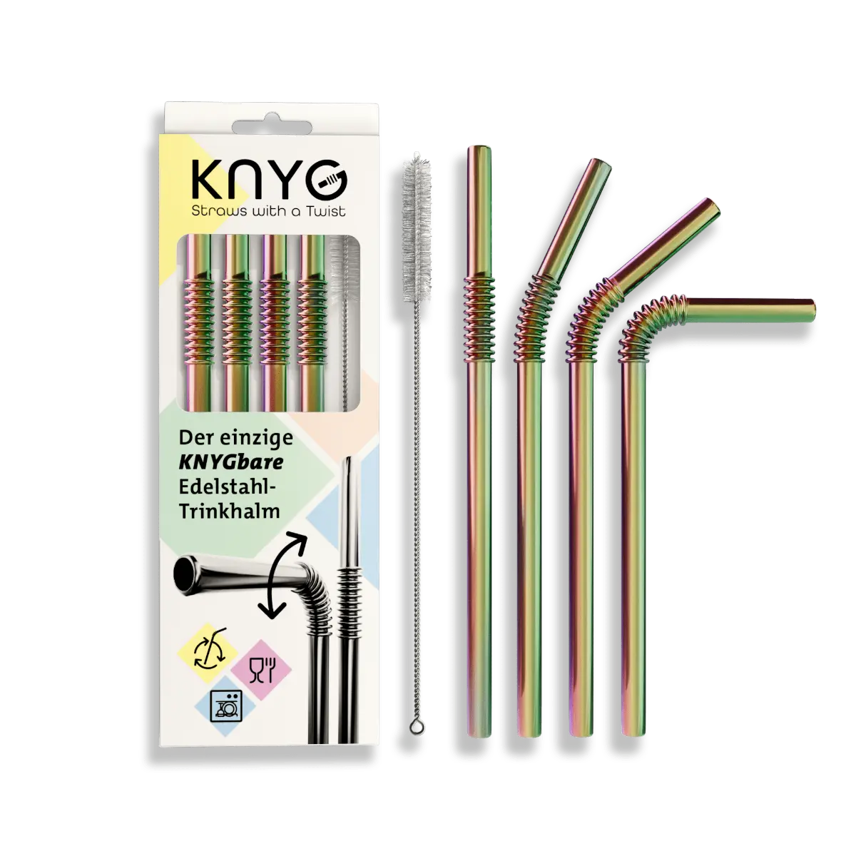 Edelstahl Trinkhalme Biegbar Rainbow 4er Set 22cm von KNYG
