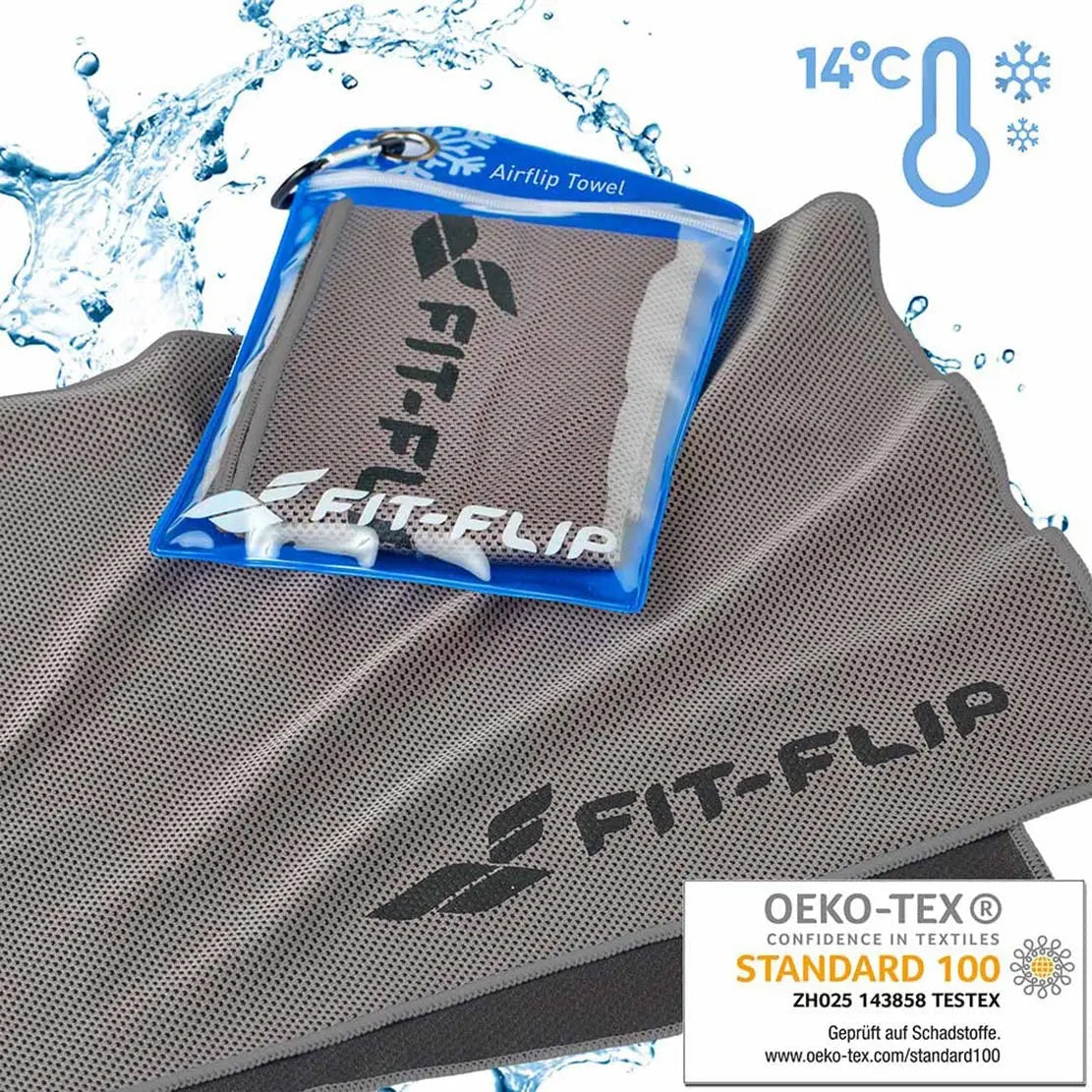 Airflip Towel Kühlhandtuch Mikrofaser mit Tasche 100x30cm Grau von Fit-Flip