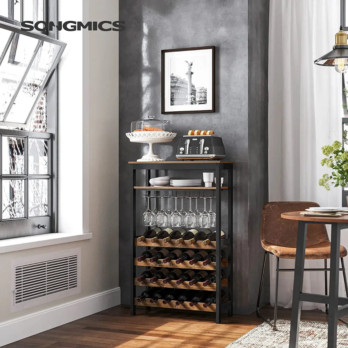 Weinregal freistehend mit Glashaltern vintagebraun-schwarz von Songmics