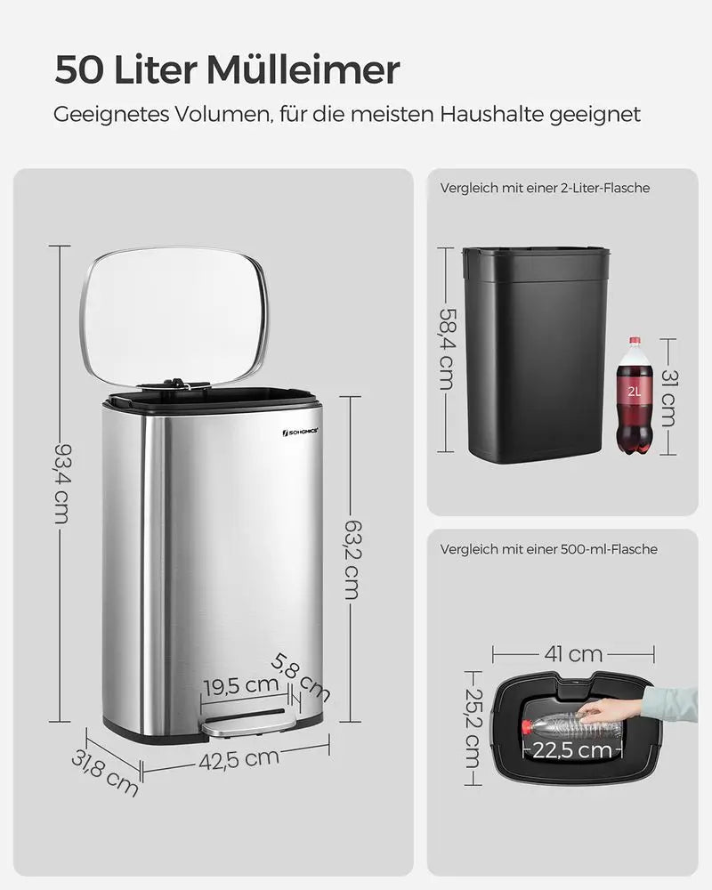 Treteimer 50L Softclose silbern Stahl von Songmics