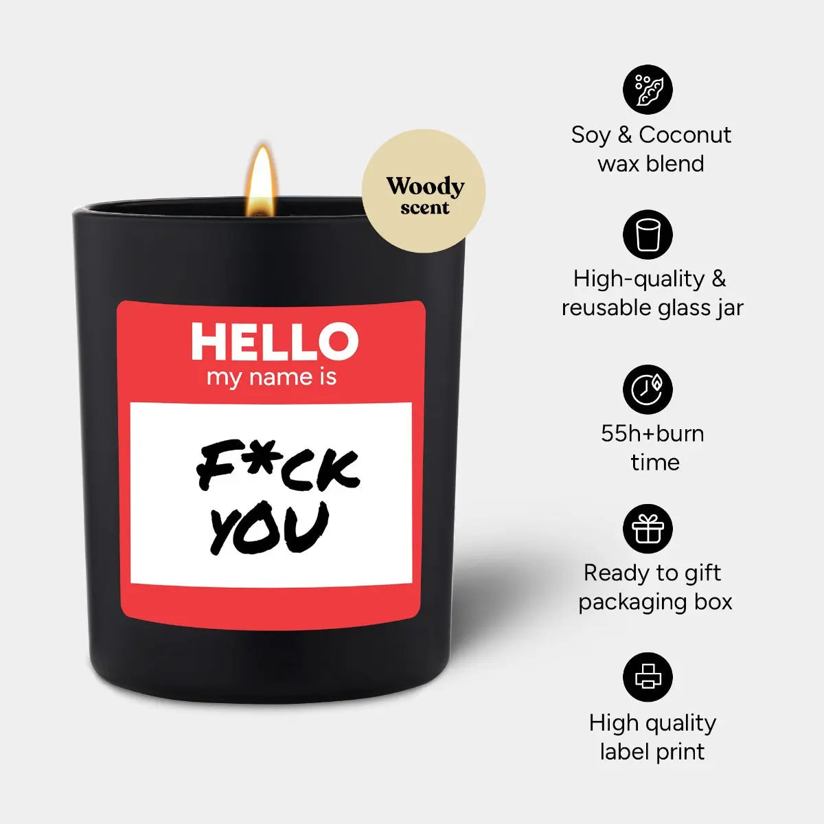 Duftkerze Schwarz Woody Hello my name is fck you von ChattyCandles
