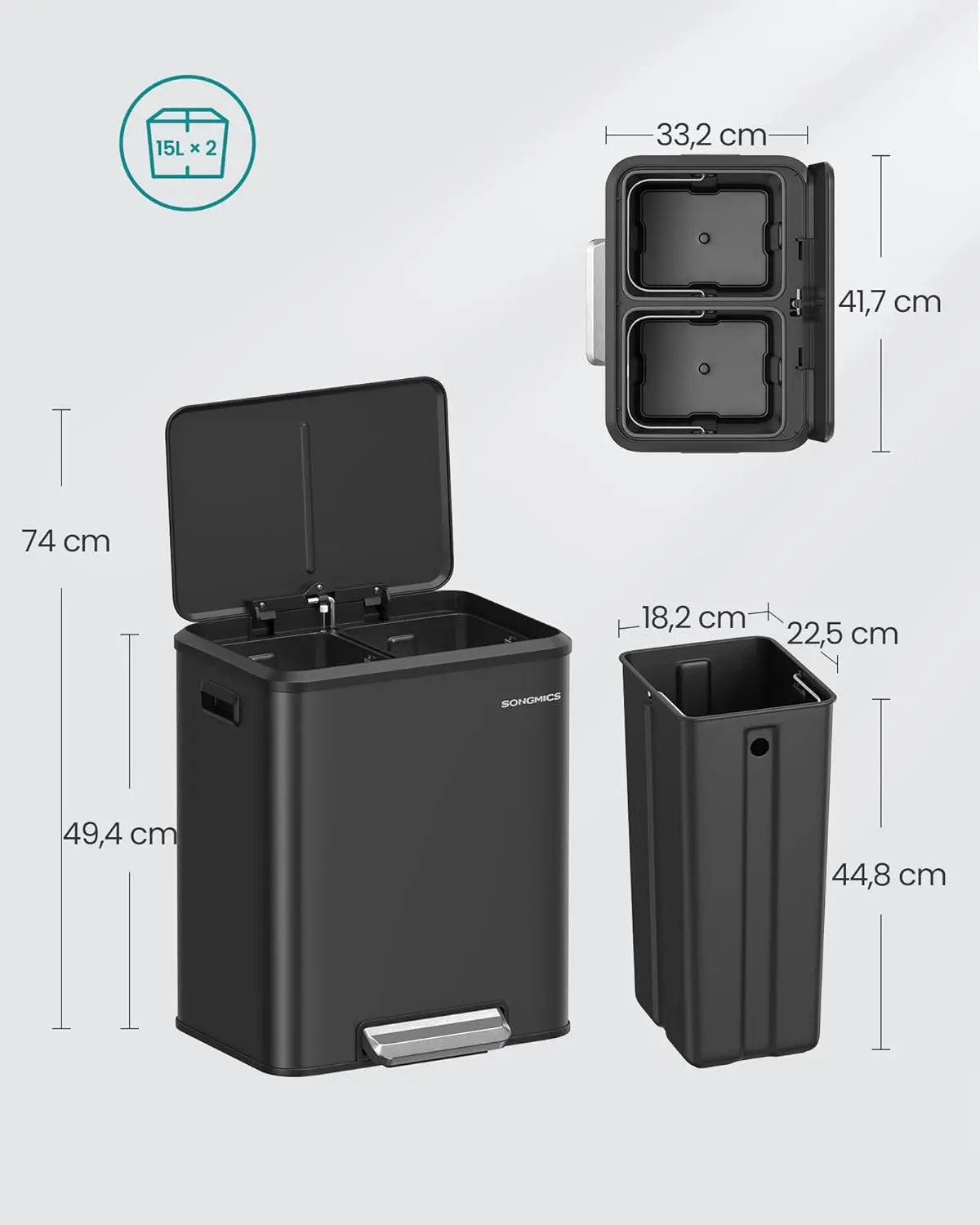 Abfalltrennsystem 2x15L Softclose Stahl Schwarz von Songmics