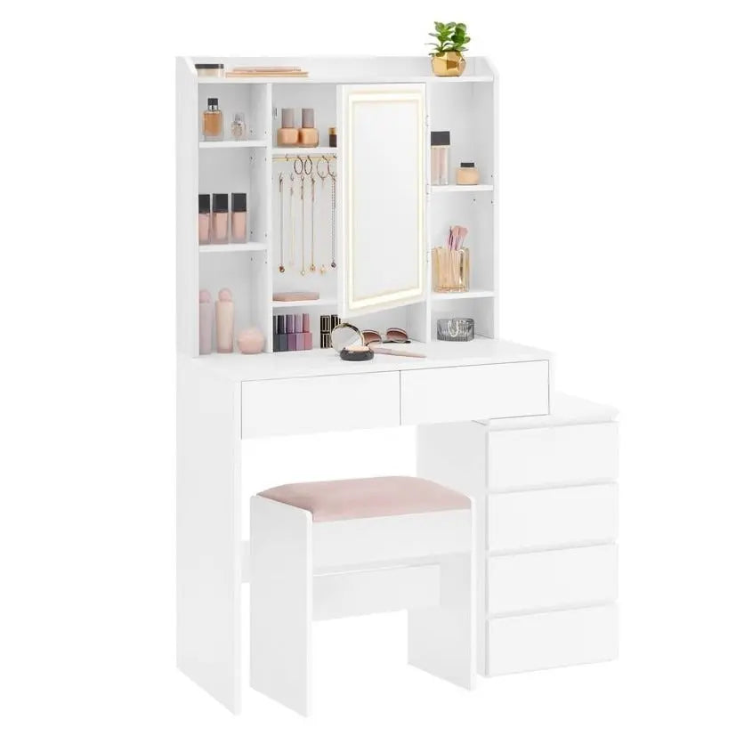 Schminktisch mit Hocker LED Beleuchtung Spiegel Schubladen Weiss von Songmics