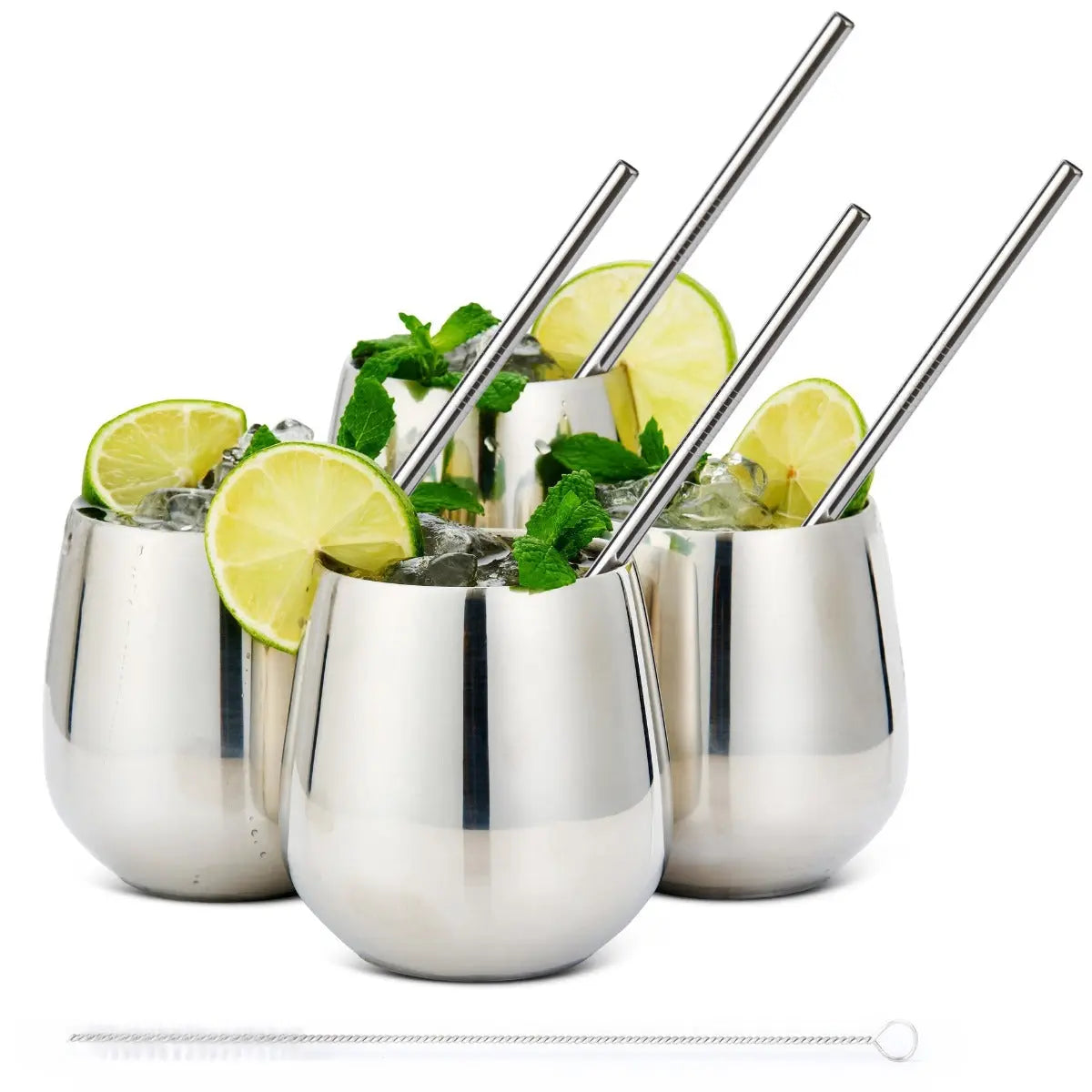 Edelstahl Trinkbecher Silber 4er-Set inkl. Trinkhalmen von Oak & Steel