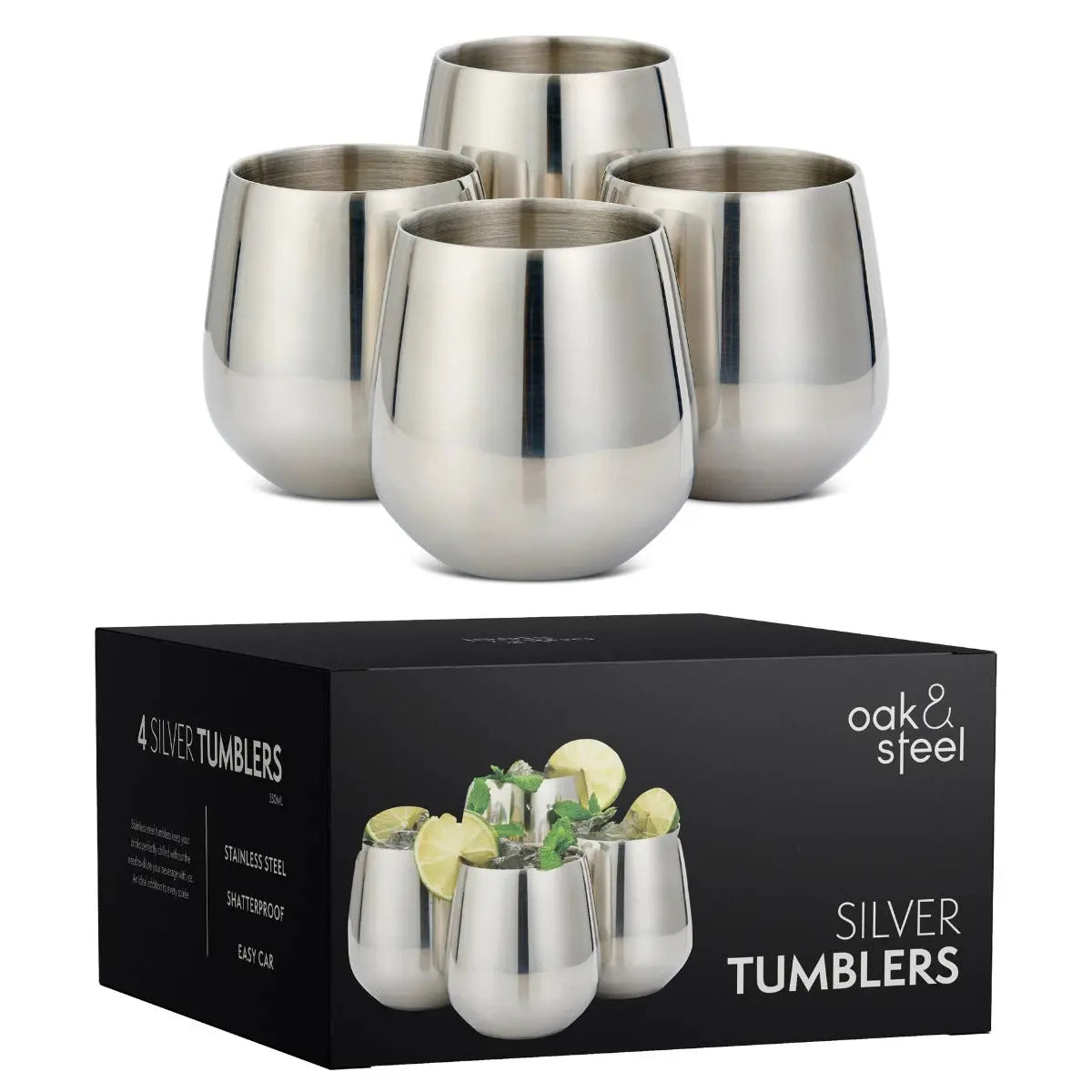 Edelstahl Trinkbecher Silber 4er-Set inkl. Trinkhalmen von Oak & Steel