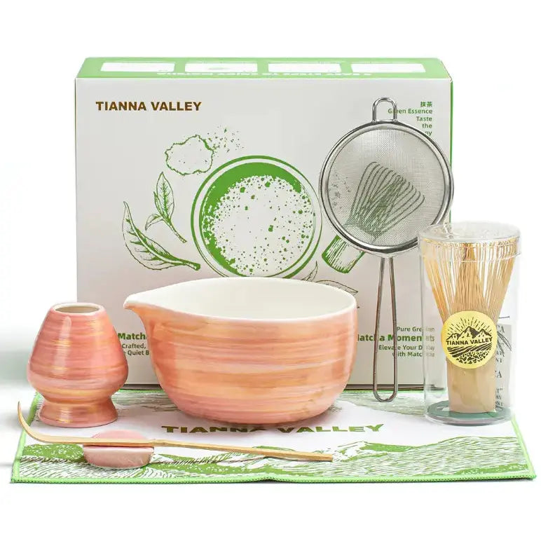 Matcha Set Orange Streifen mit Ausgiessschale 7-tlg. von TEANAGOO