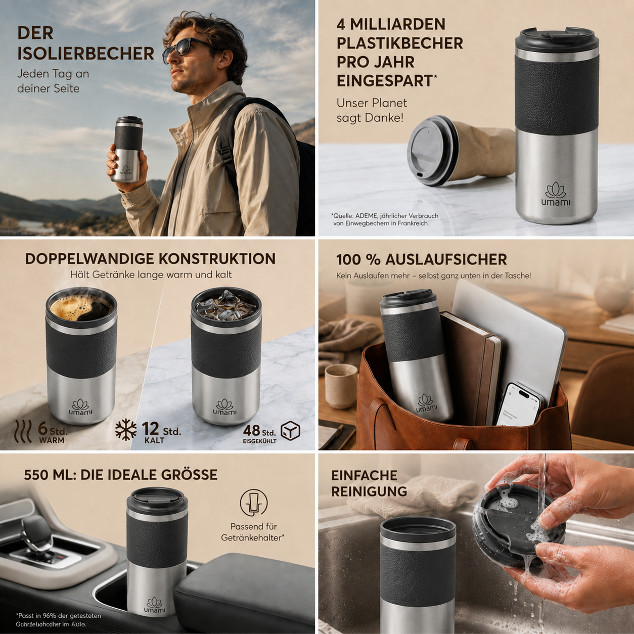 Thermobecher Schwarz & Metall 550 ml von Umami