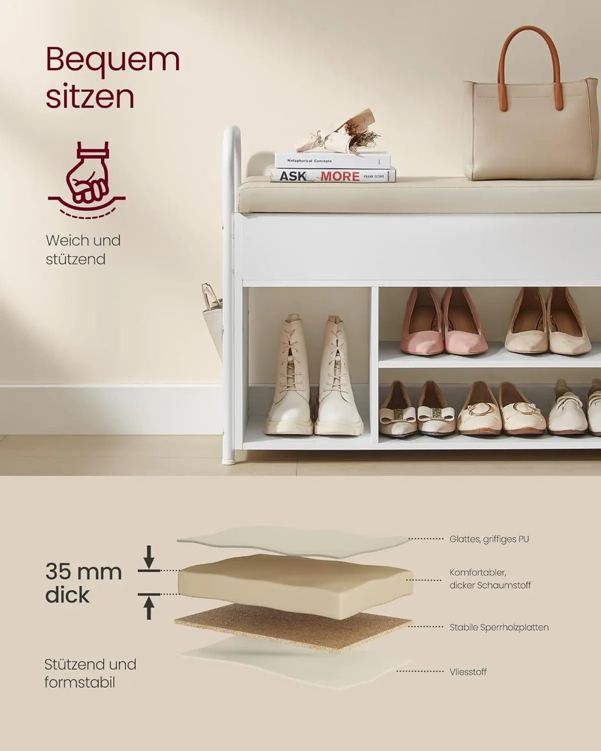 Schuhbank Polster Stauraum Weiss Beige von Songmics