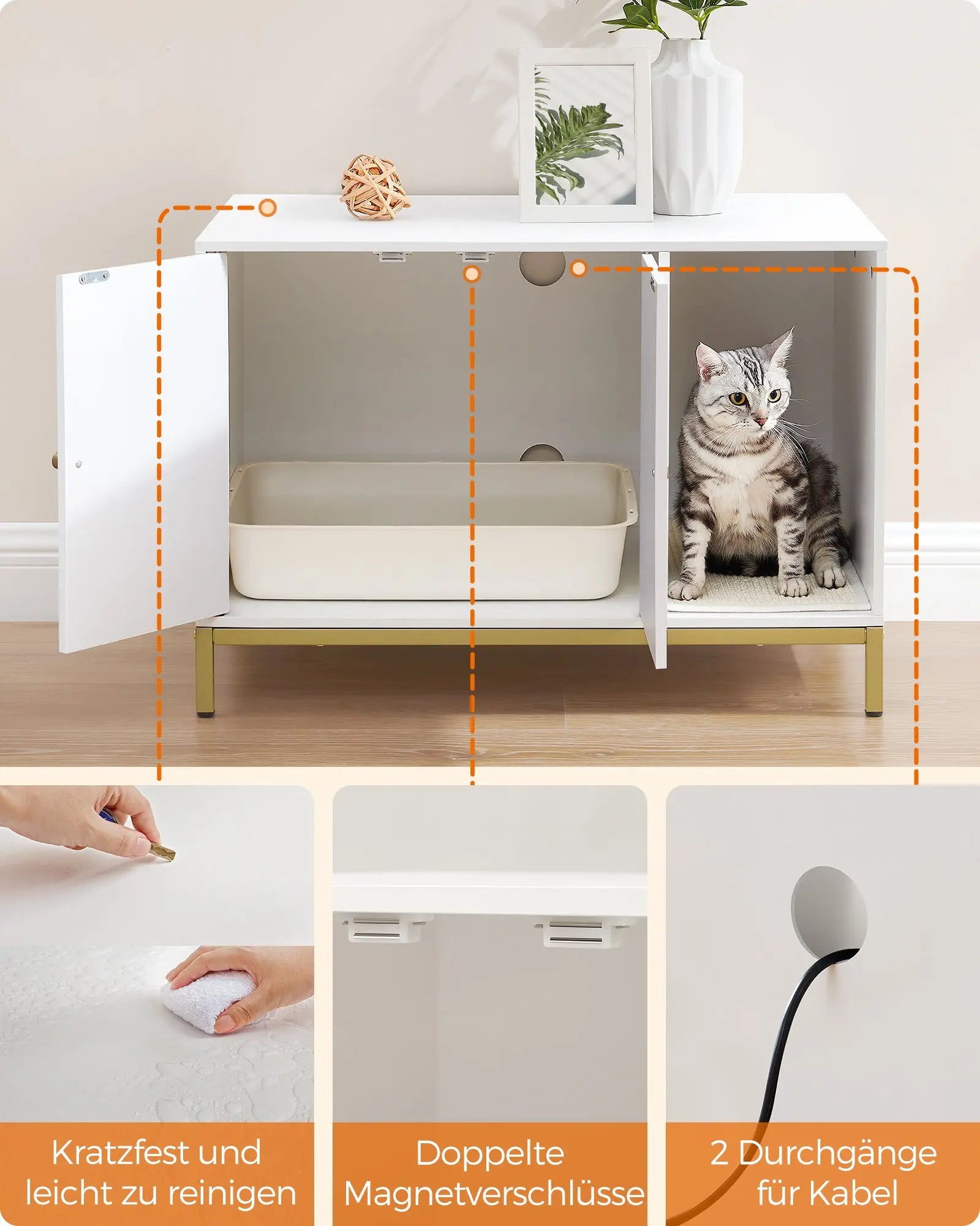 Katzenklo-Schrank mit Kratzmatte weiss-gold von Songmics