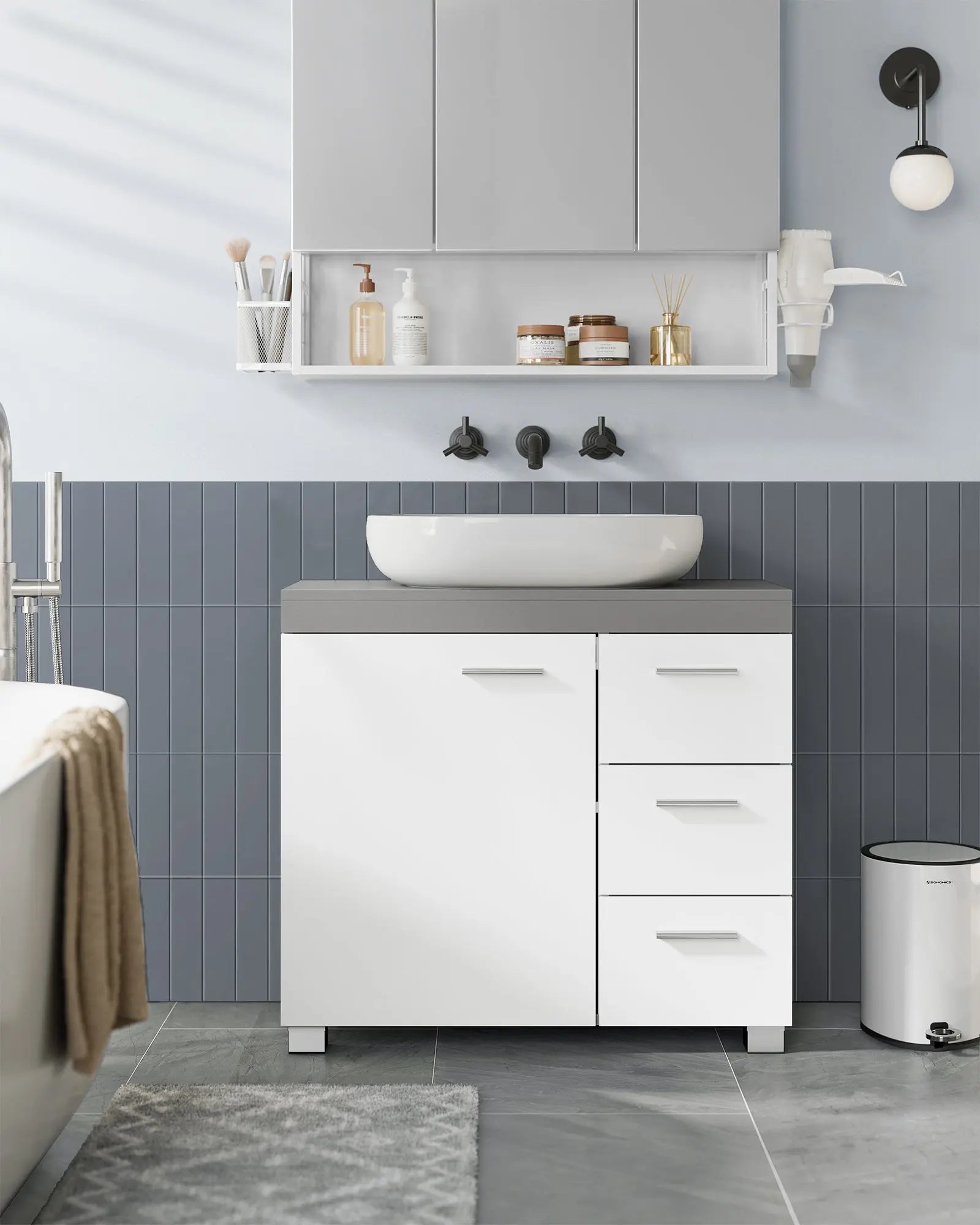 Badezimmerschrank 3 Schubladen Wolkenweiss Zementgrau von Songmics