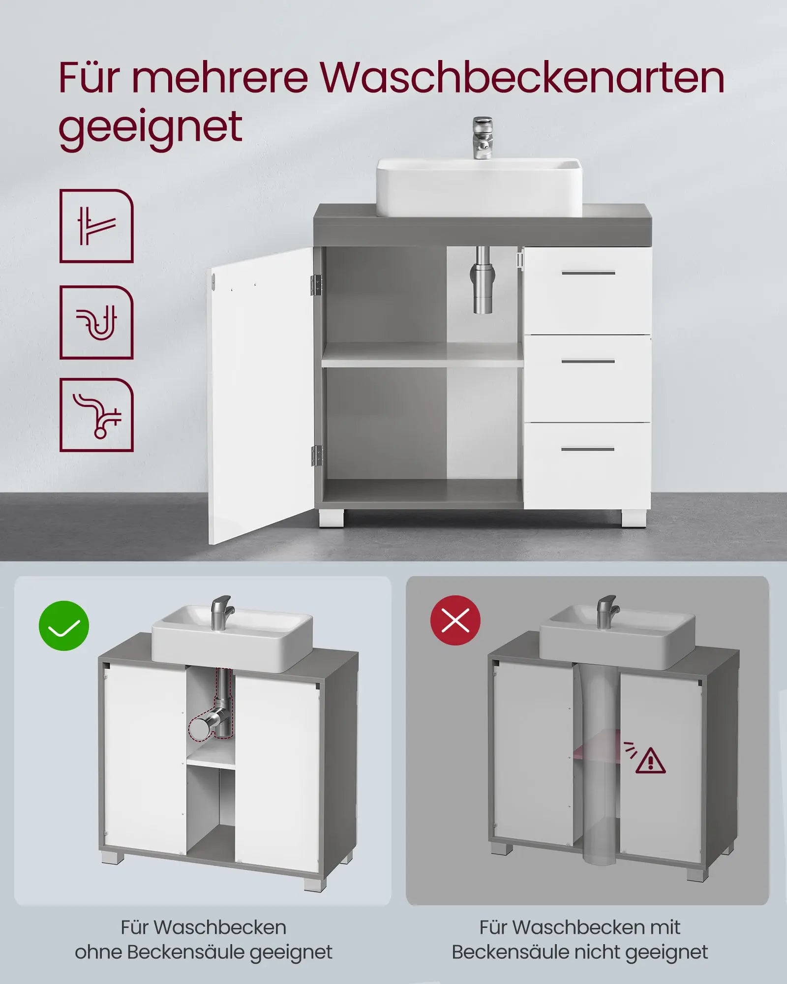 Badezimmerschrank 3 Schubladen Wolkenweiss Zementgrau von Songmics